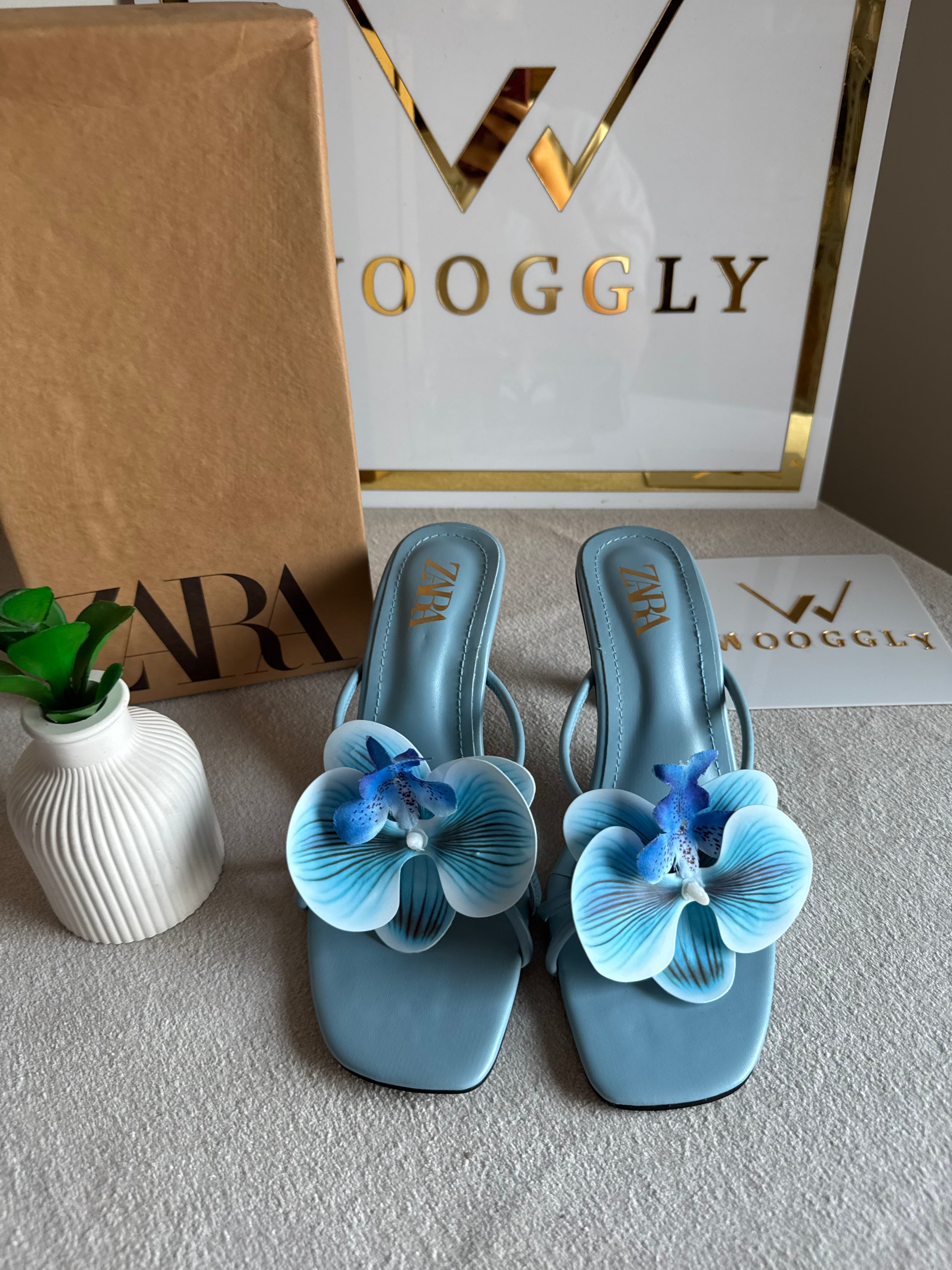Zara Flower Heels BABY BLUE- with Brand Box