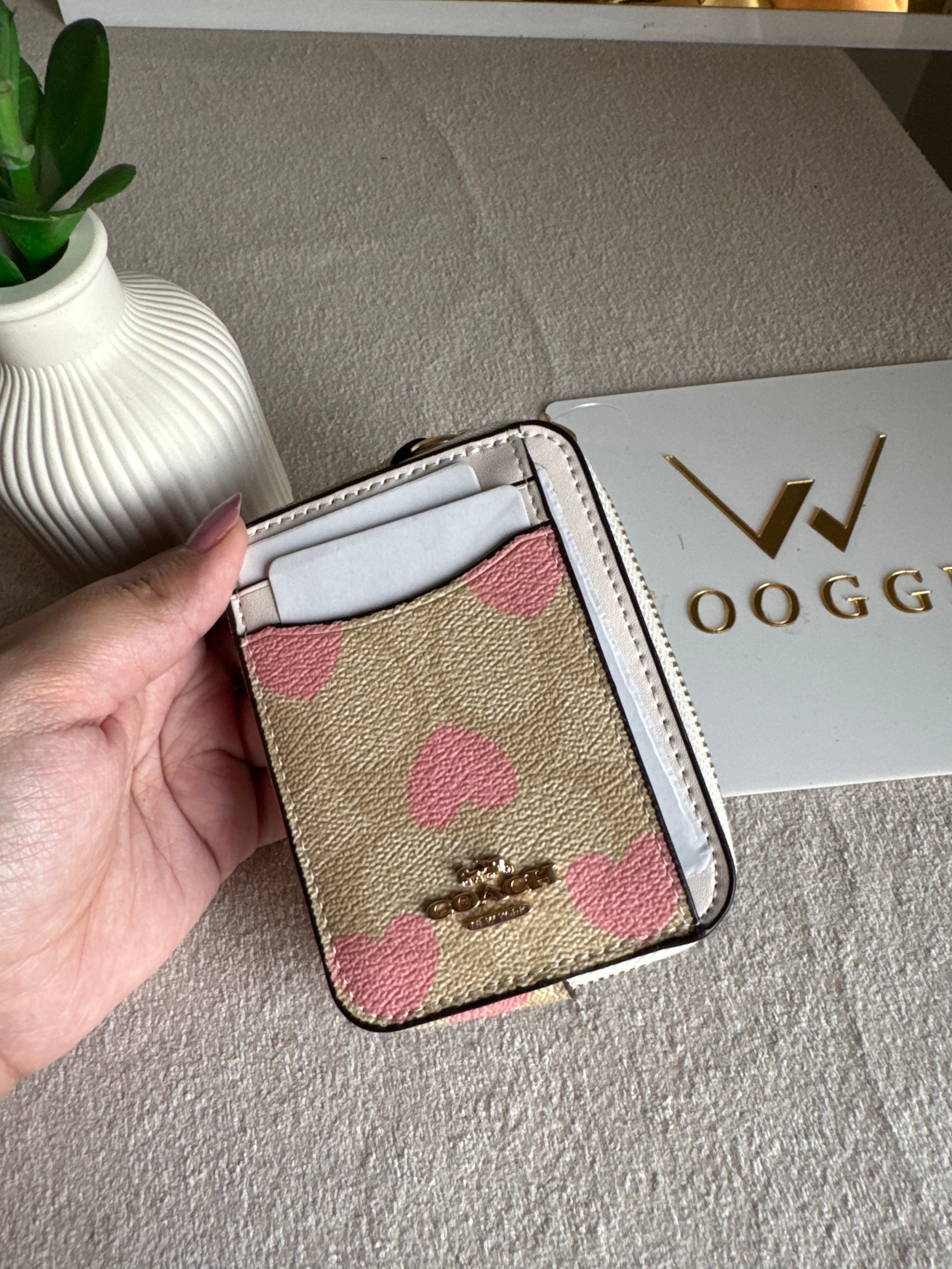 Coach Zip Card Case - Beige with Hearts