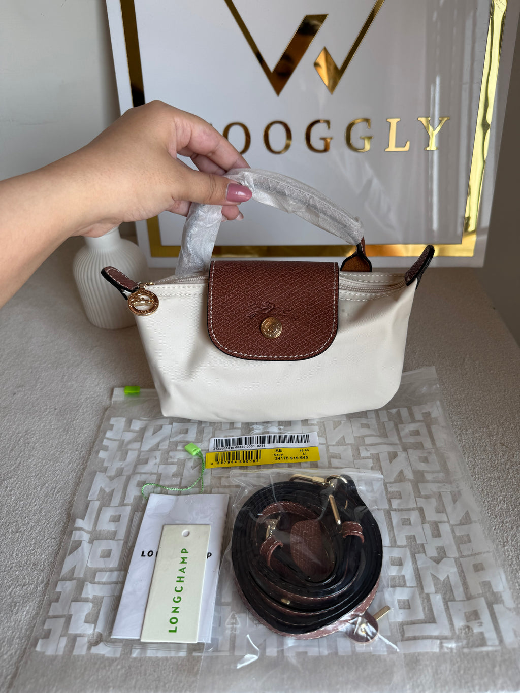 Premium LongChamp Crossbody Bag with Strap - Paper White (WITH BRAND LOGO)