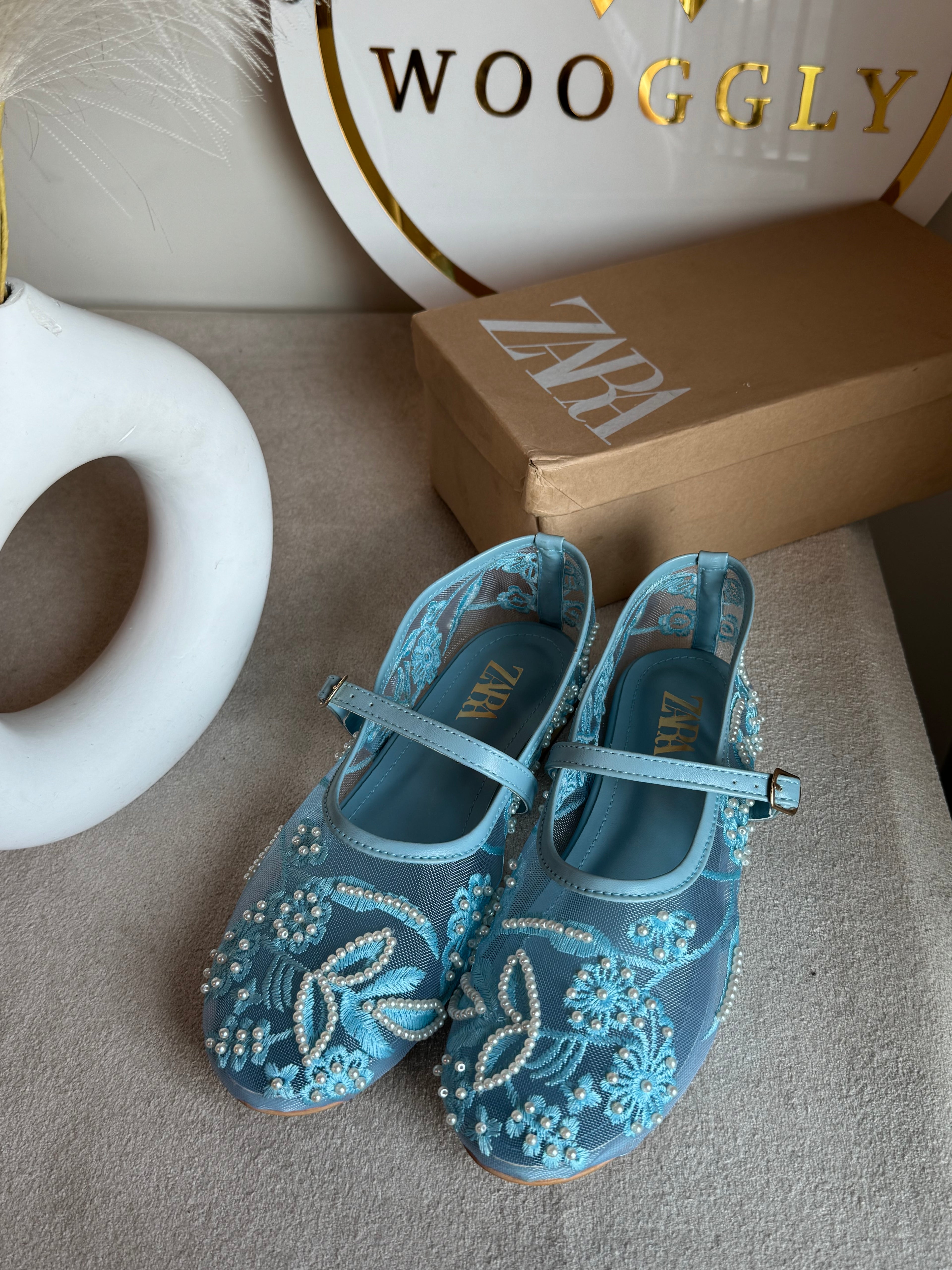 Zara Embroided Net Pumps - Baby Blue