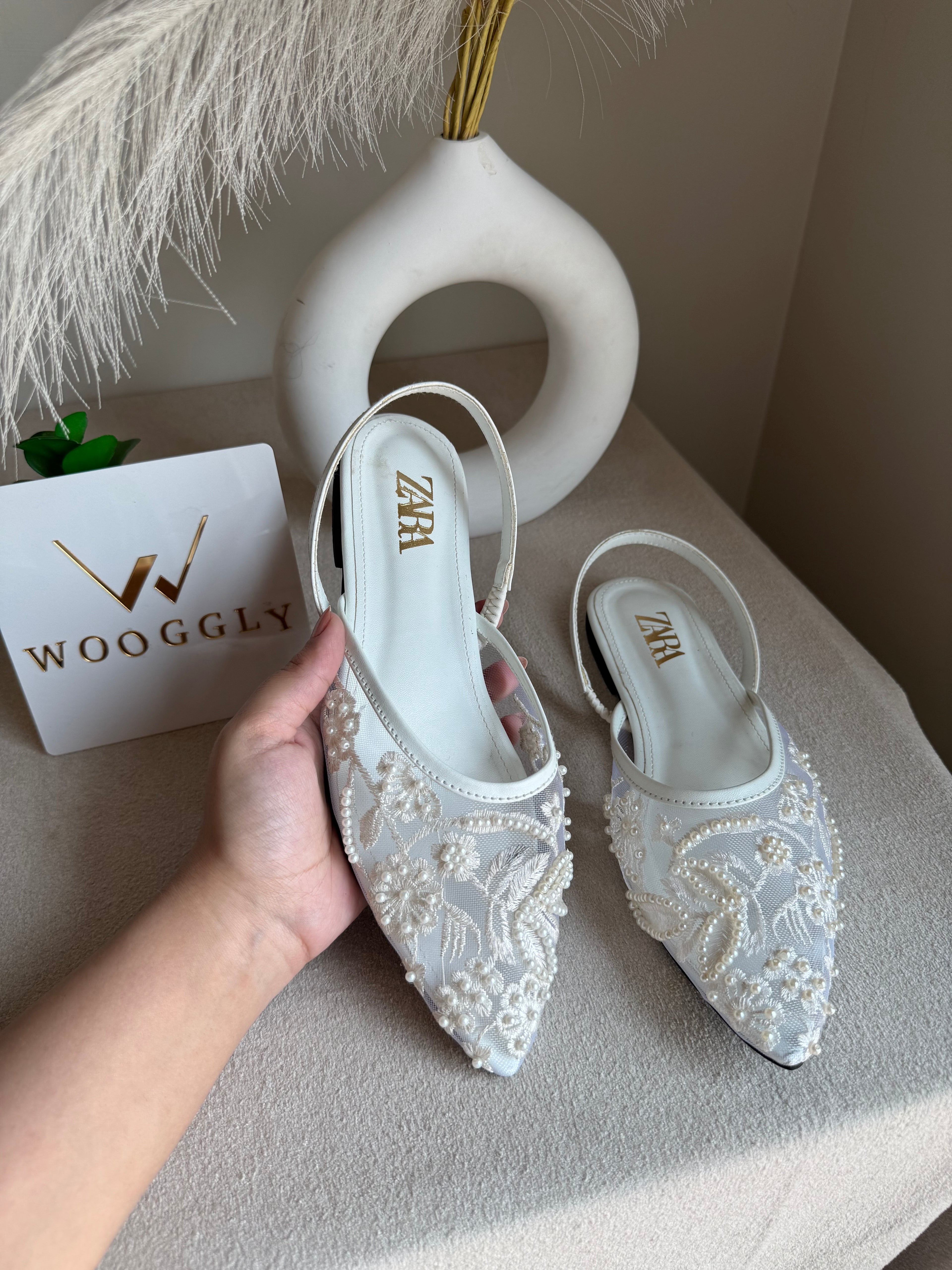 Zara Embroidered Mesh Slingback Flats  - White