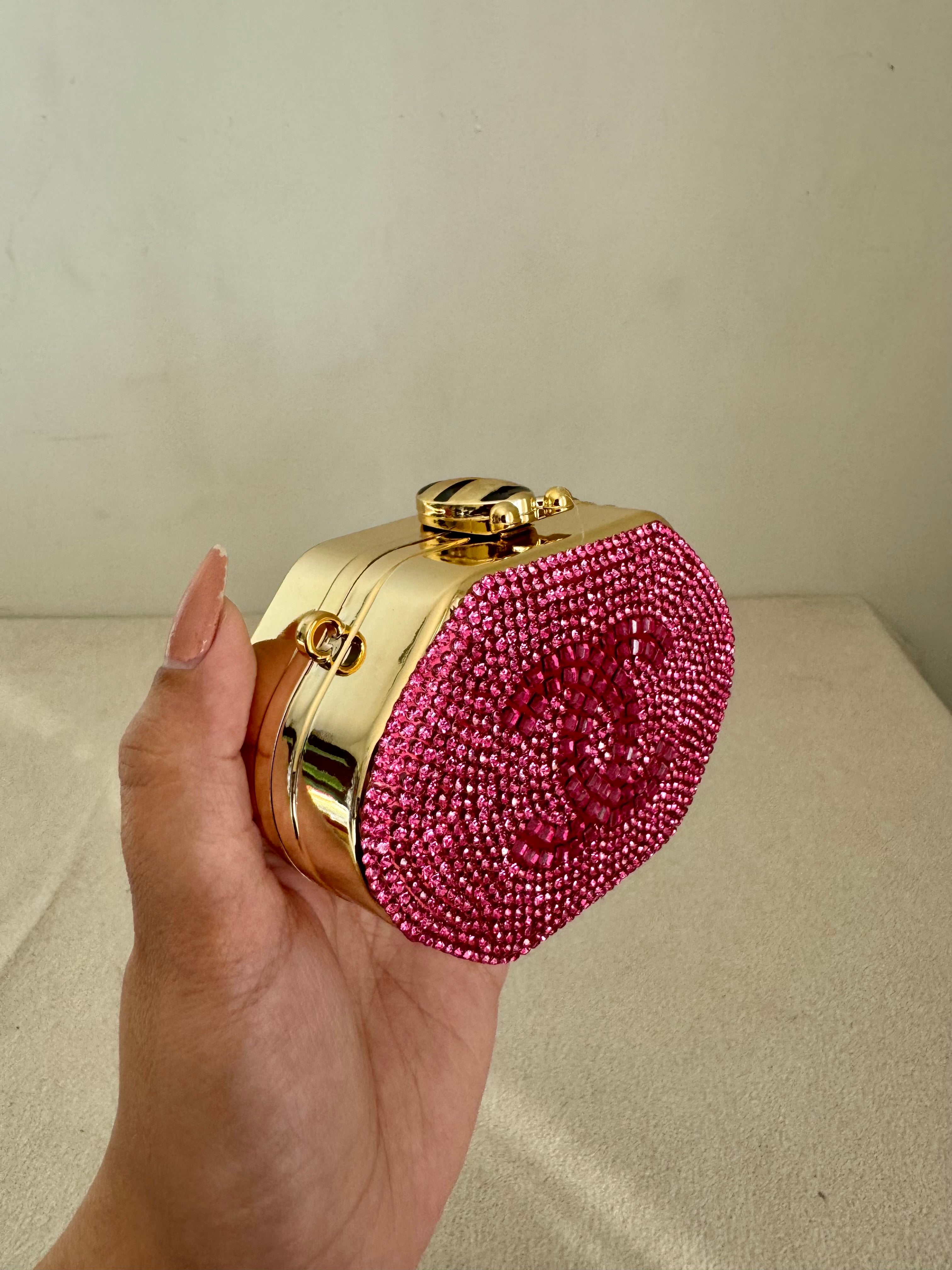 Mini Chanel Embellished Clutch with Chain - Pink & Gold