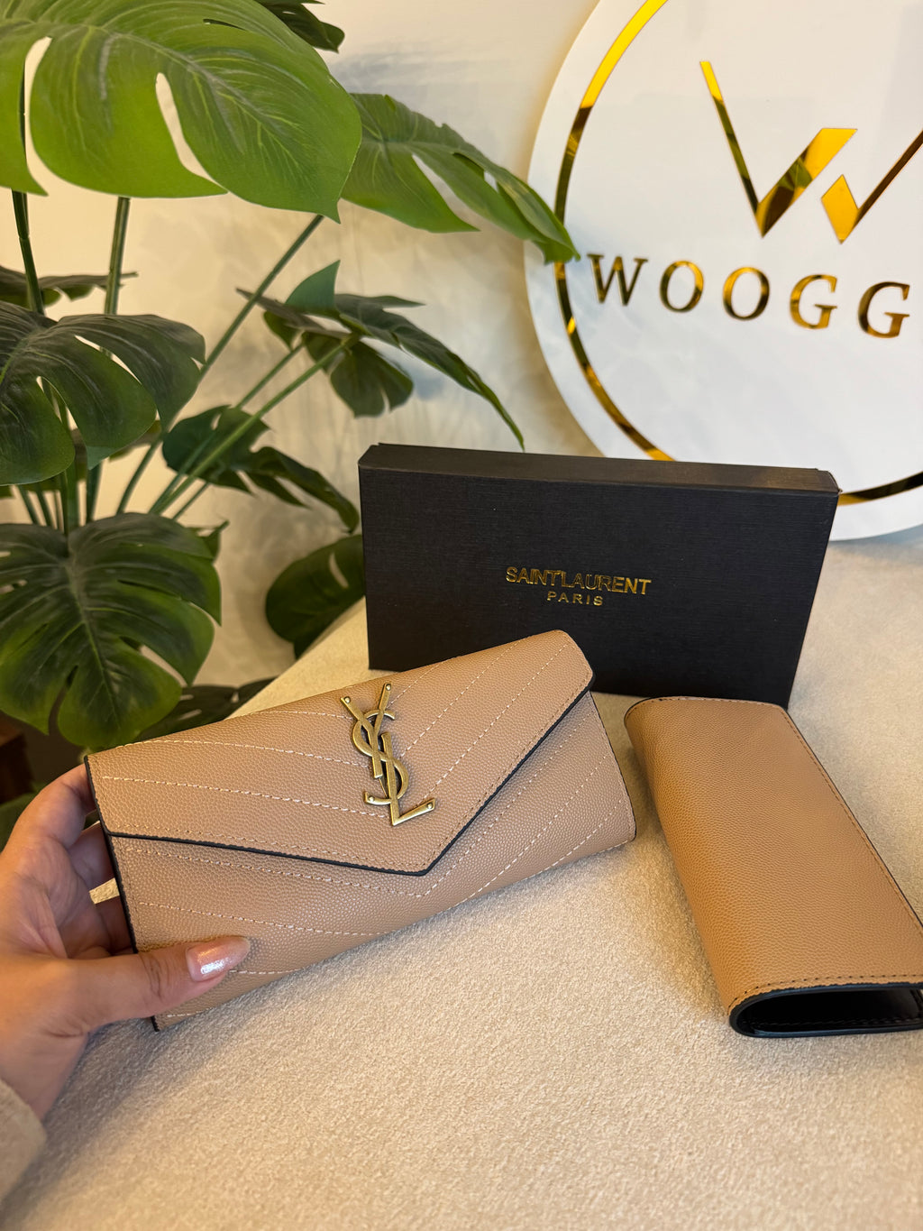 YSL Wallet with Card Holder Set (Beige) - Box Packing