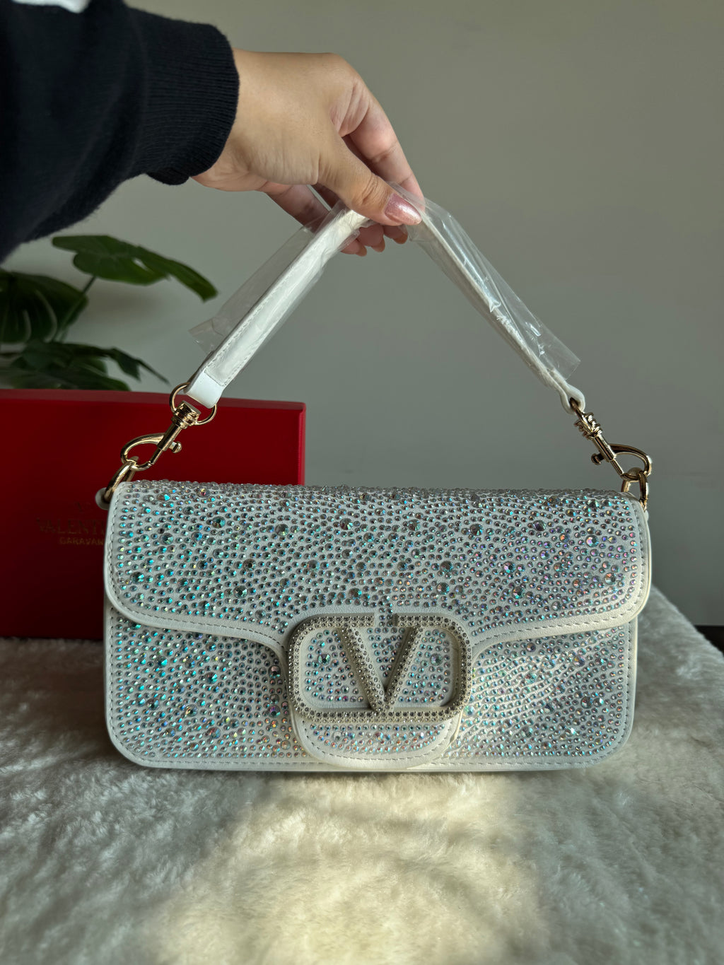Valentino Loco Rhinestone PREMIUM Handbag with Box Packing - White & Silver