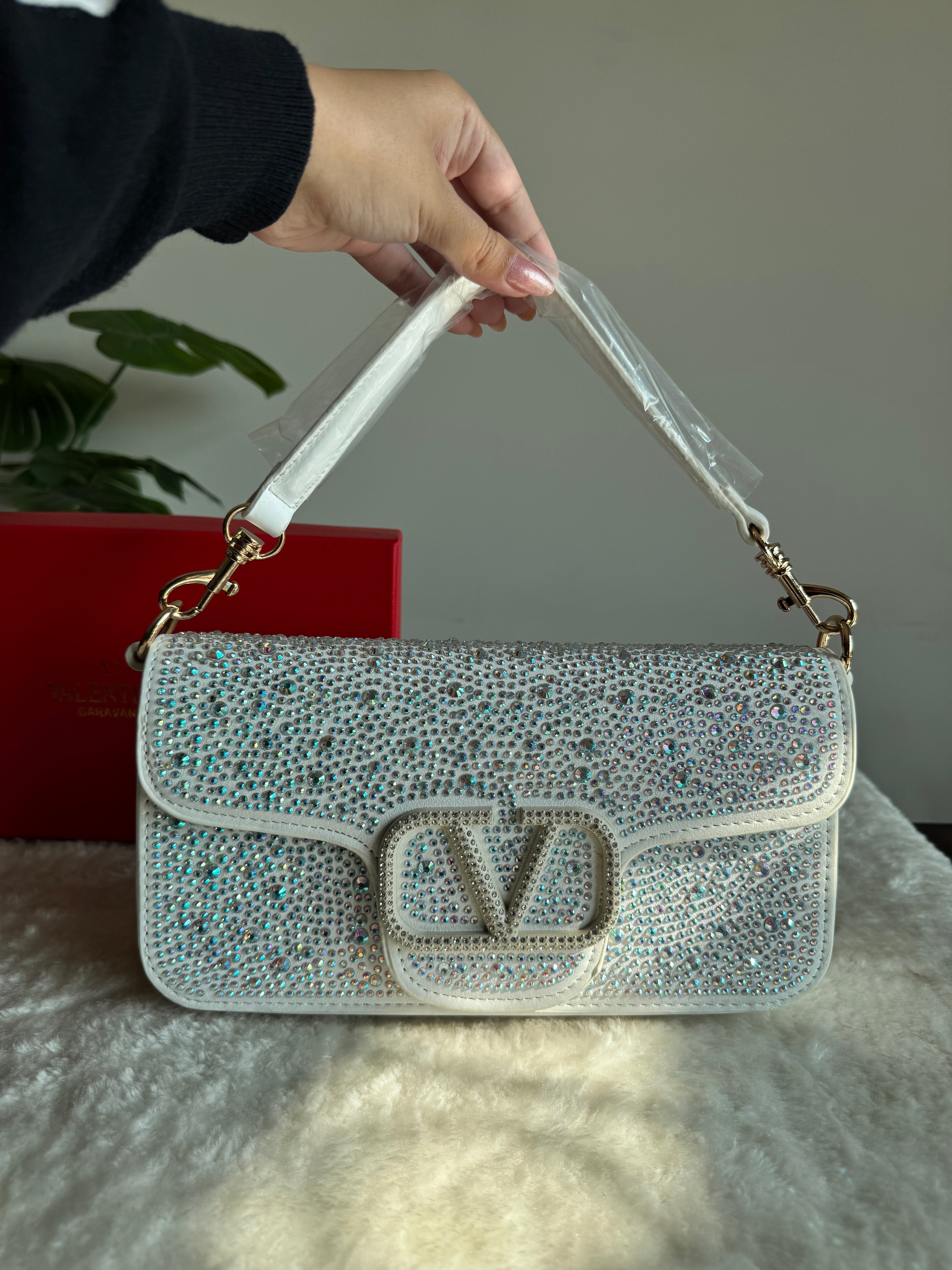 Valentino Loco Rhinestone PREMIUM Handbag with Box Packing - White & Silver