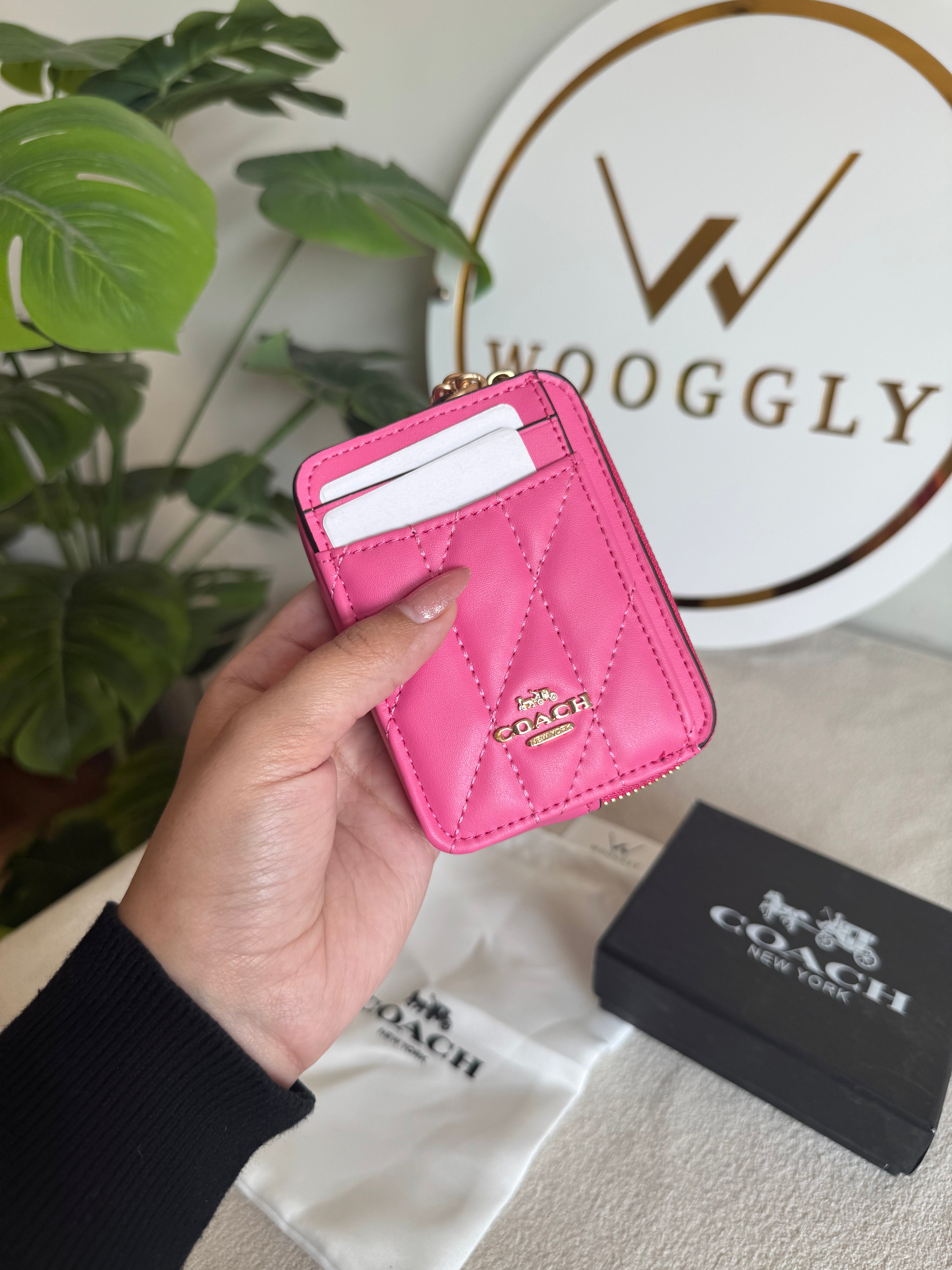 Coach Zip Card Case with Box Packing - Hot Pink