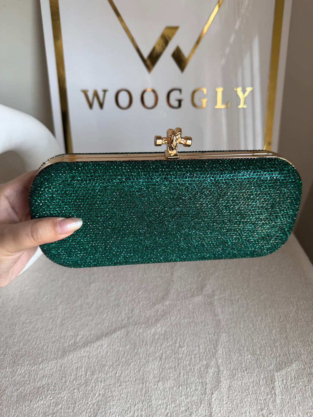 Bottega Shimmer Clutch - Green with Chain