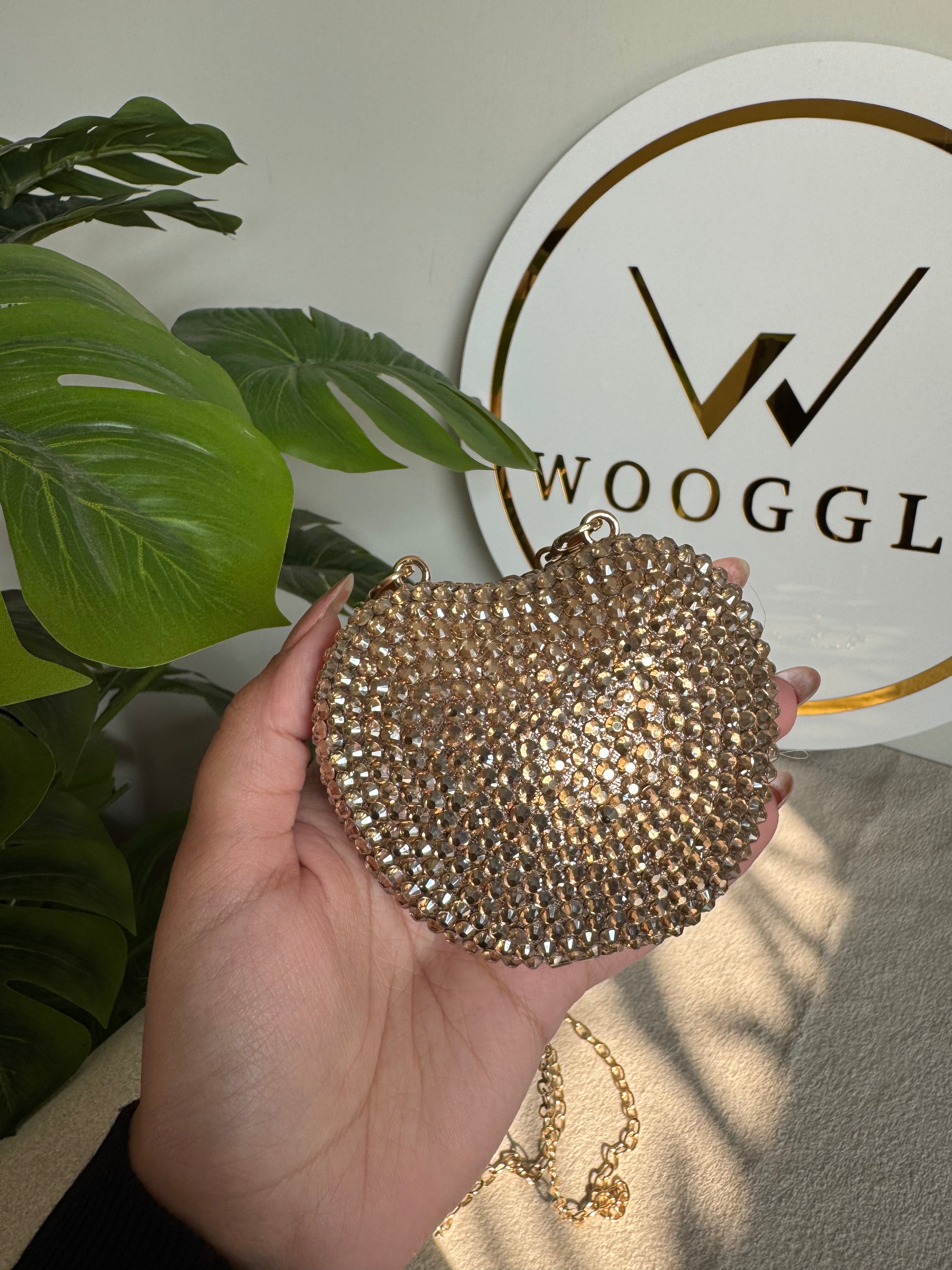 Heart Crystal Clutch with Chain - Mini Gold