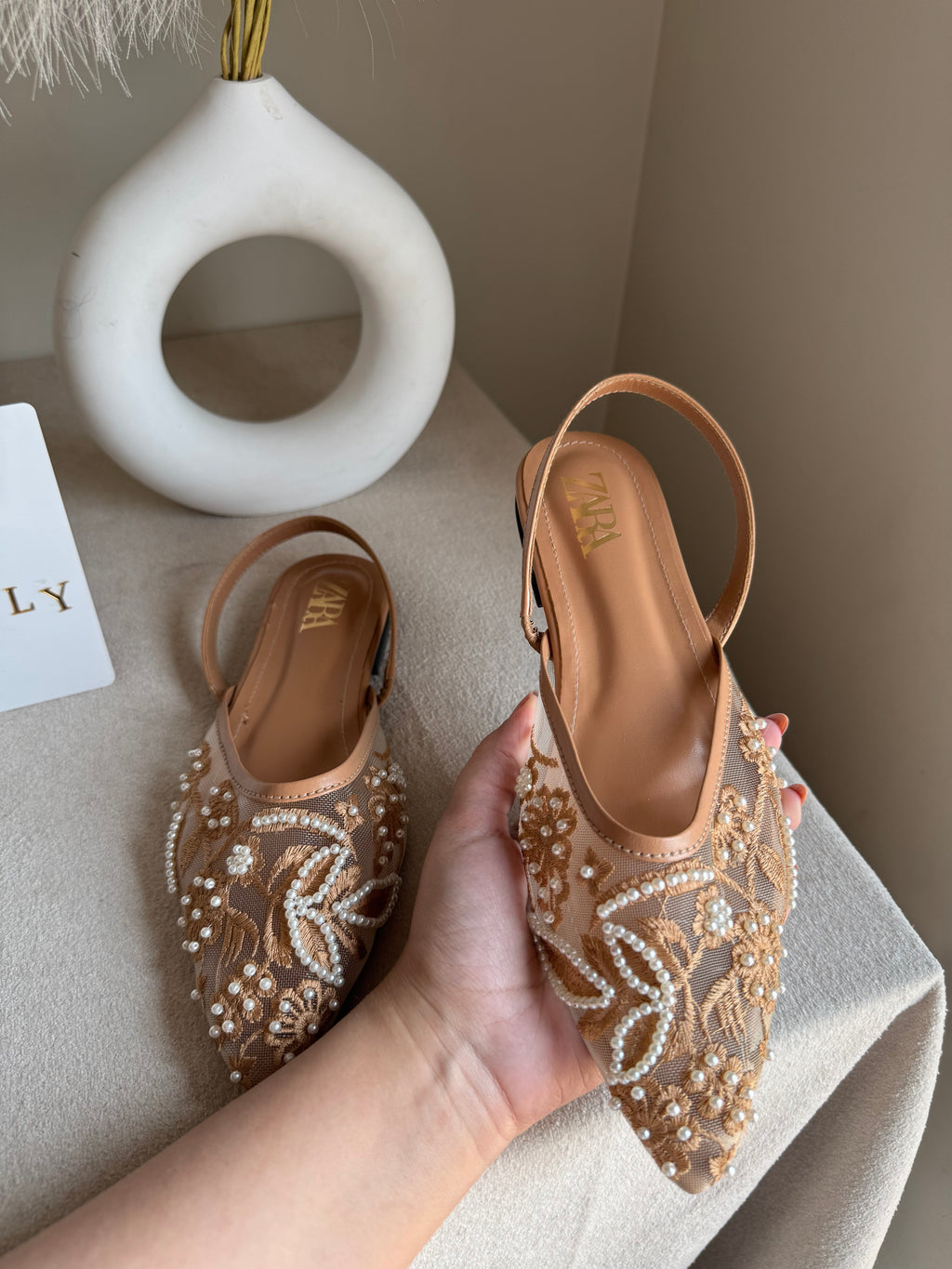 Zara Embroidered Mesh Slingback Flats  - Beige