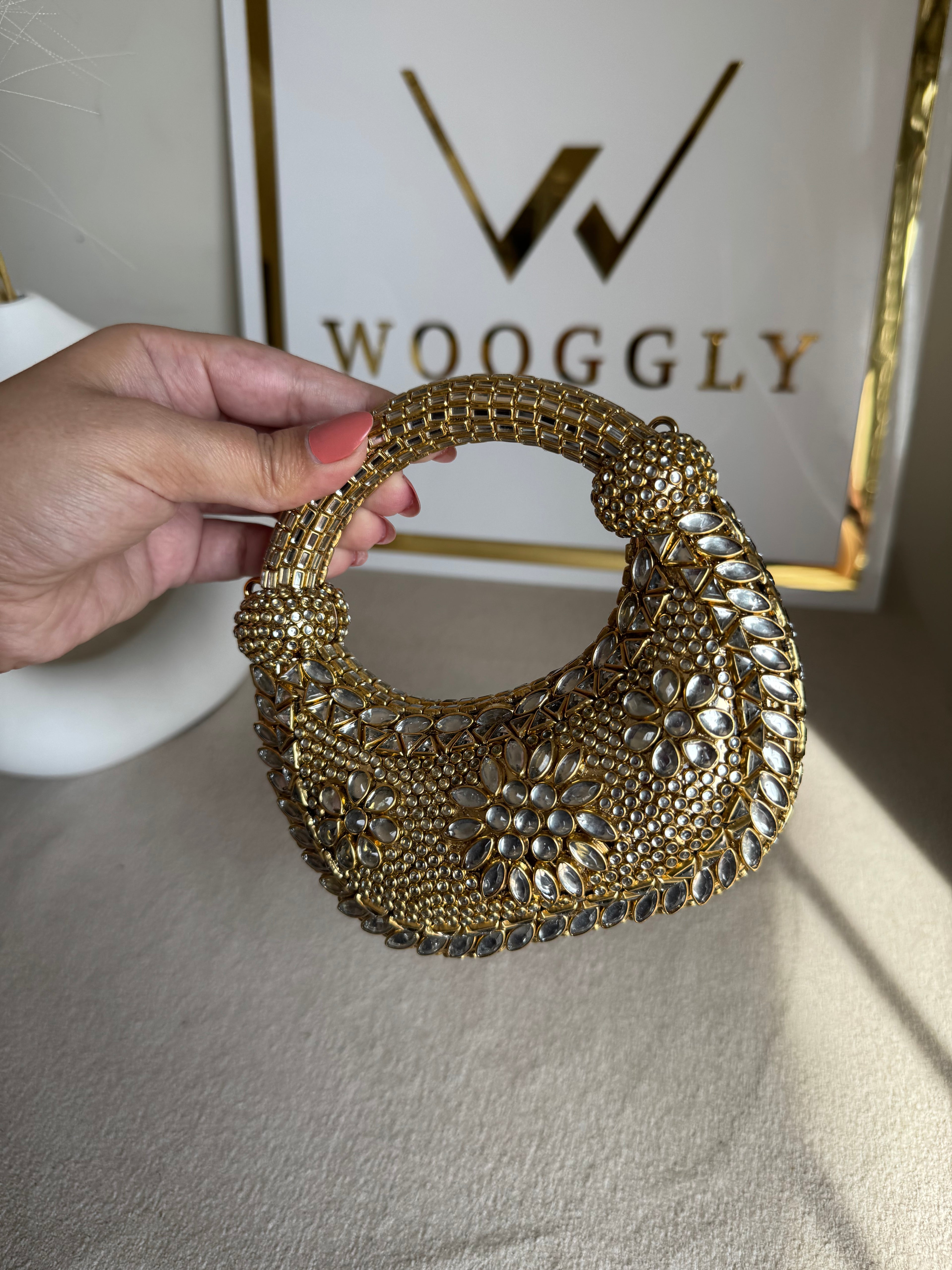 Kundan Classic Moon Clutch - Gold with Chain