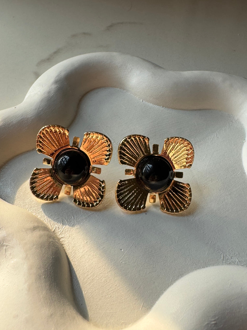 Black Floral Studs - 18K Gold Plated