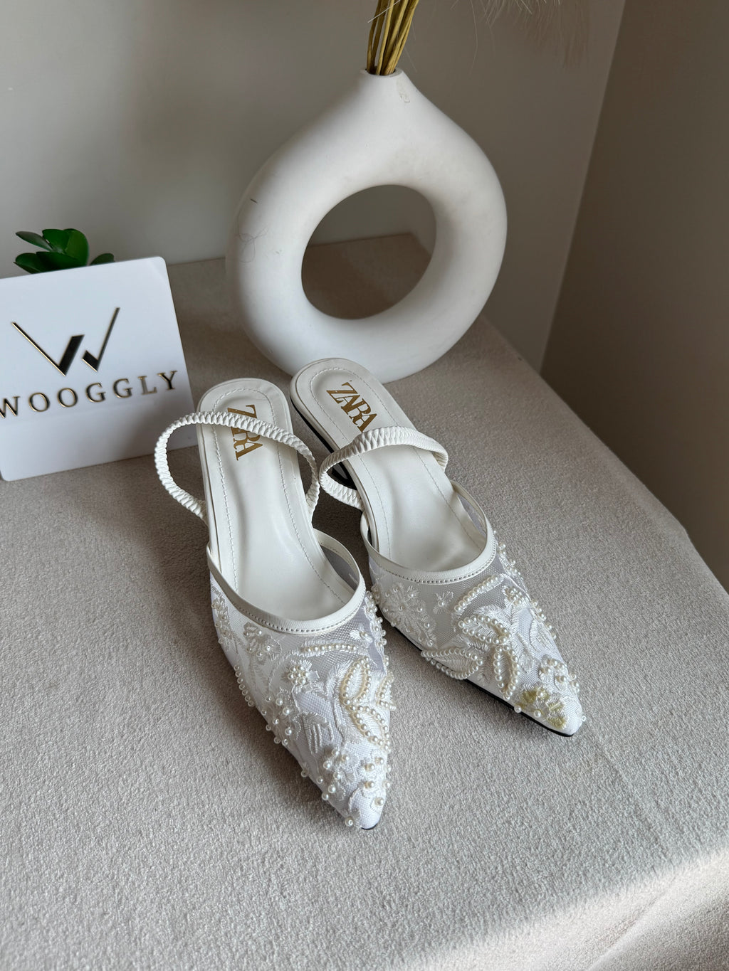 Zara Embroidered Net Heels - White