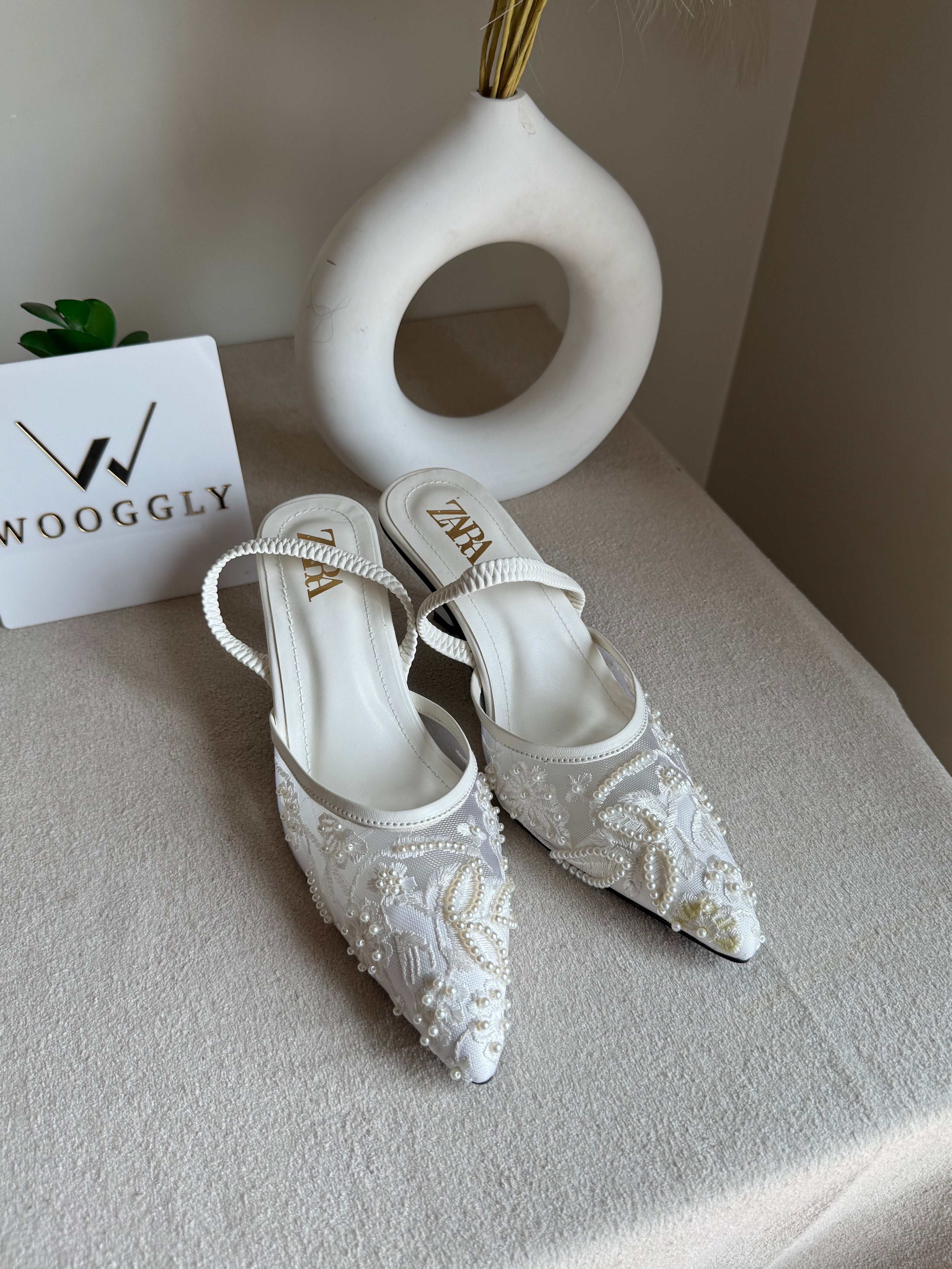 Zara Embroidered Net Heels - White