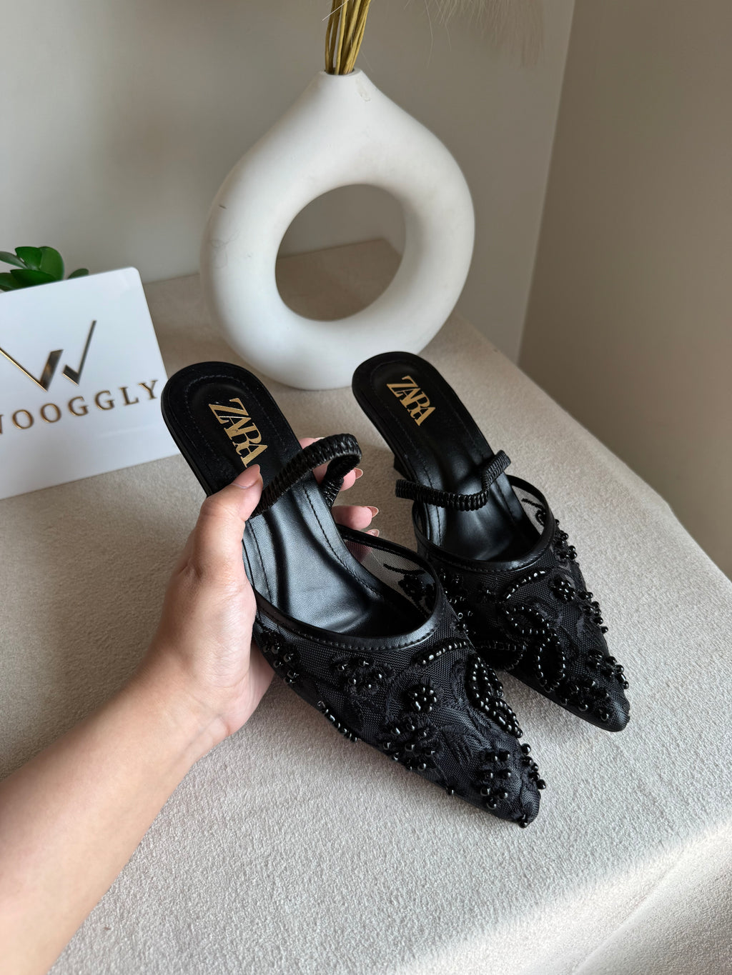 Zara Embroidered Net Heels - Black
