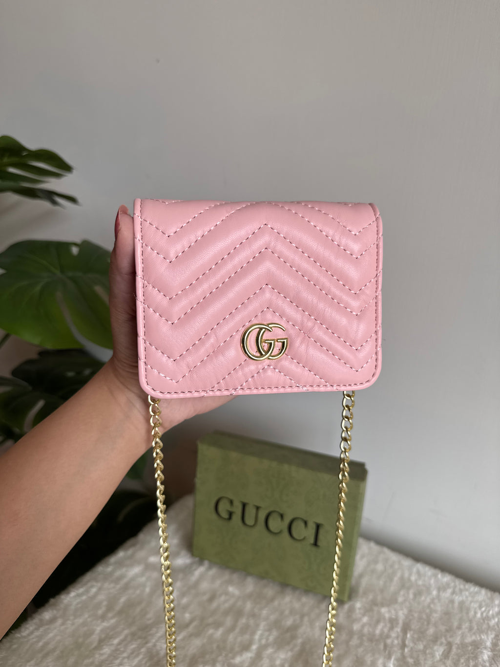 Gucci Wallet Quilted with Detachable Chain - Baby Pink