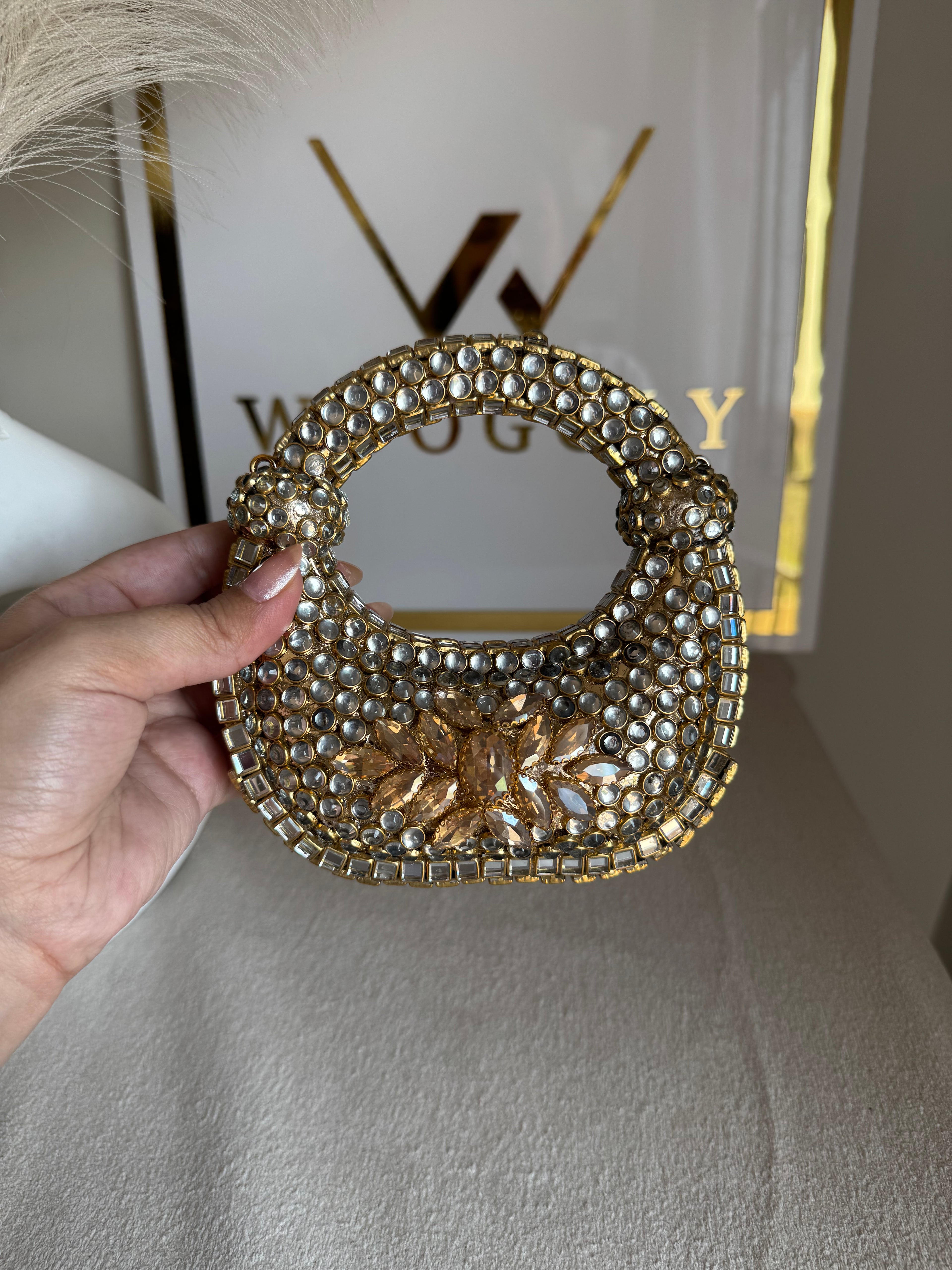 Kundan Classic Moon Clutch with Champagne Stone Embellishment