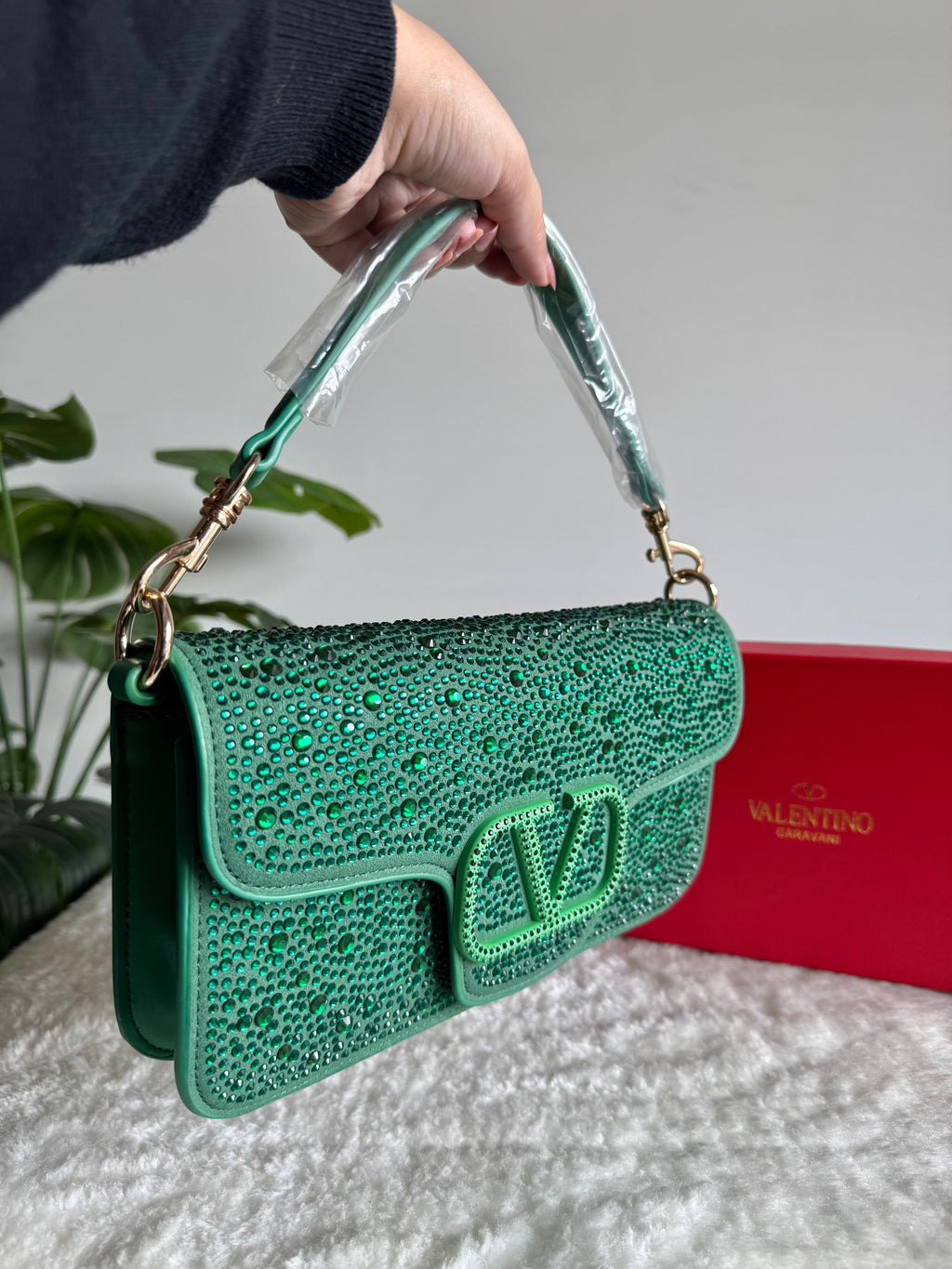 Valentino Loco Rhinestone PREMIUM Handbag with Box Packing - Emerald Green