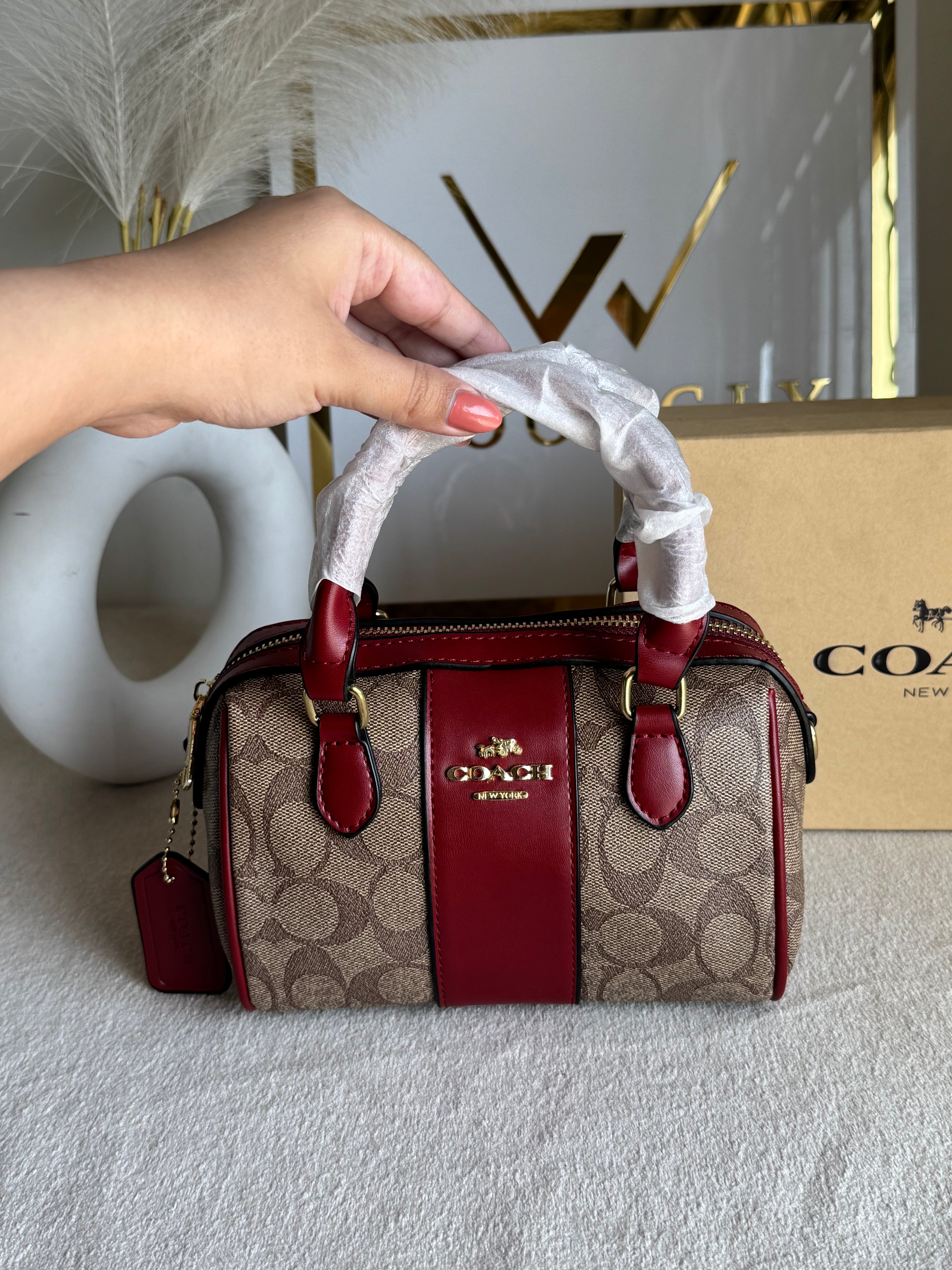 COACH Mini Duffle Bag PREMIUM with Long Strap (Maroon) - BOX PACKING