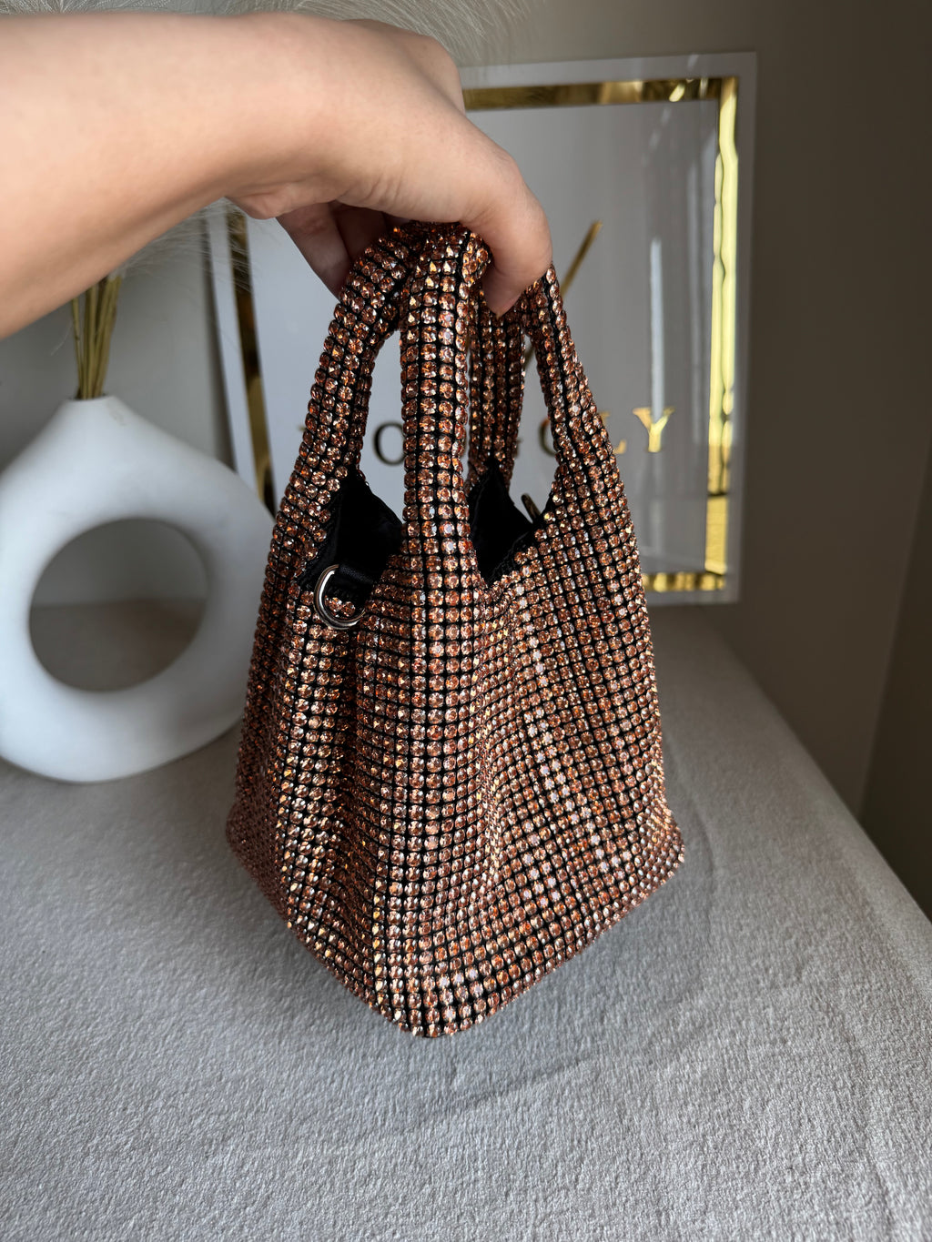 Party Wear Rhinestone Bucket Bag - Rose Gold