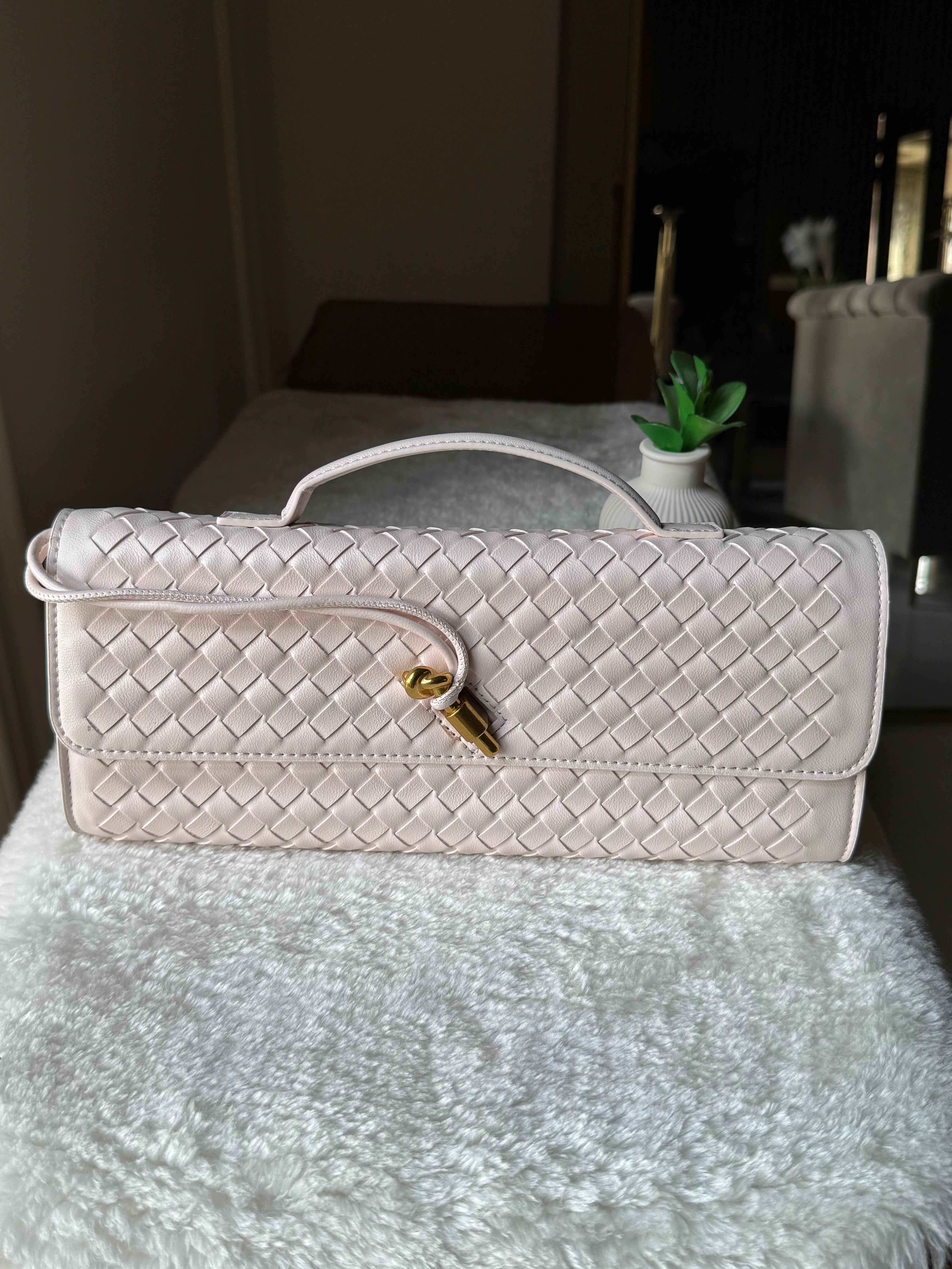 Bottega Veneta Inspired Clutch (Off White) with Long Strap