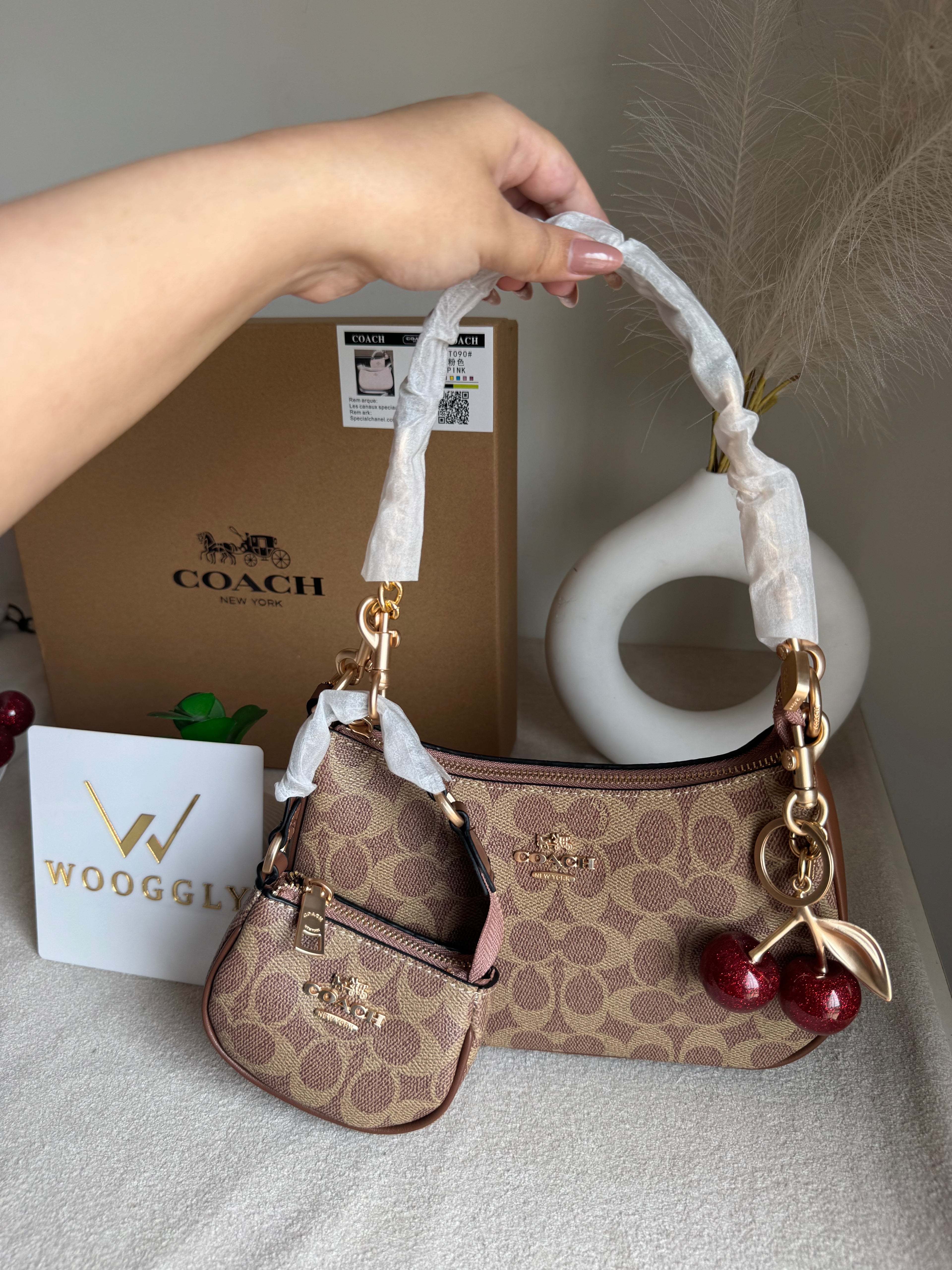 COACH Teri Gift Box with Baby Teri Charm & Coach Cherry Charm - Apricot Brown