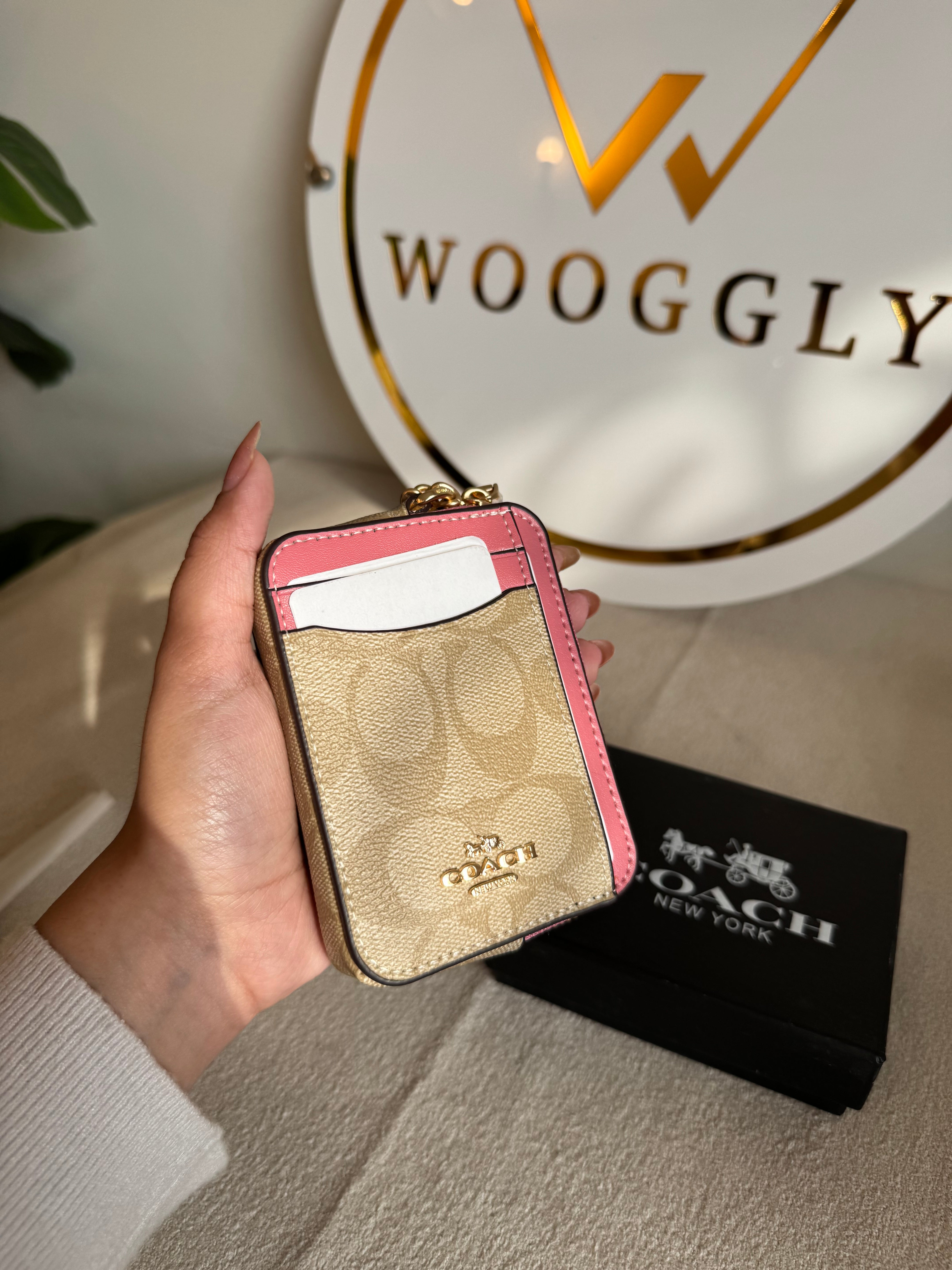 Coach Zip Card Case with Box Packing - Apricot Beige with Pink