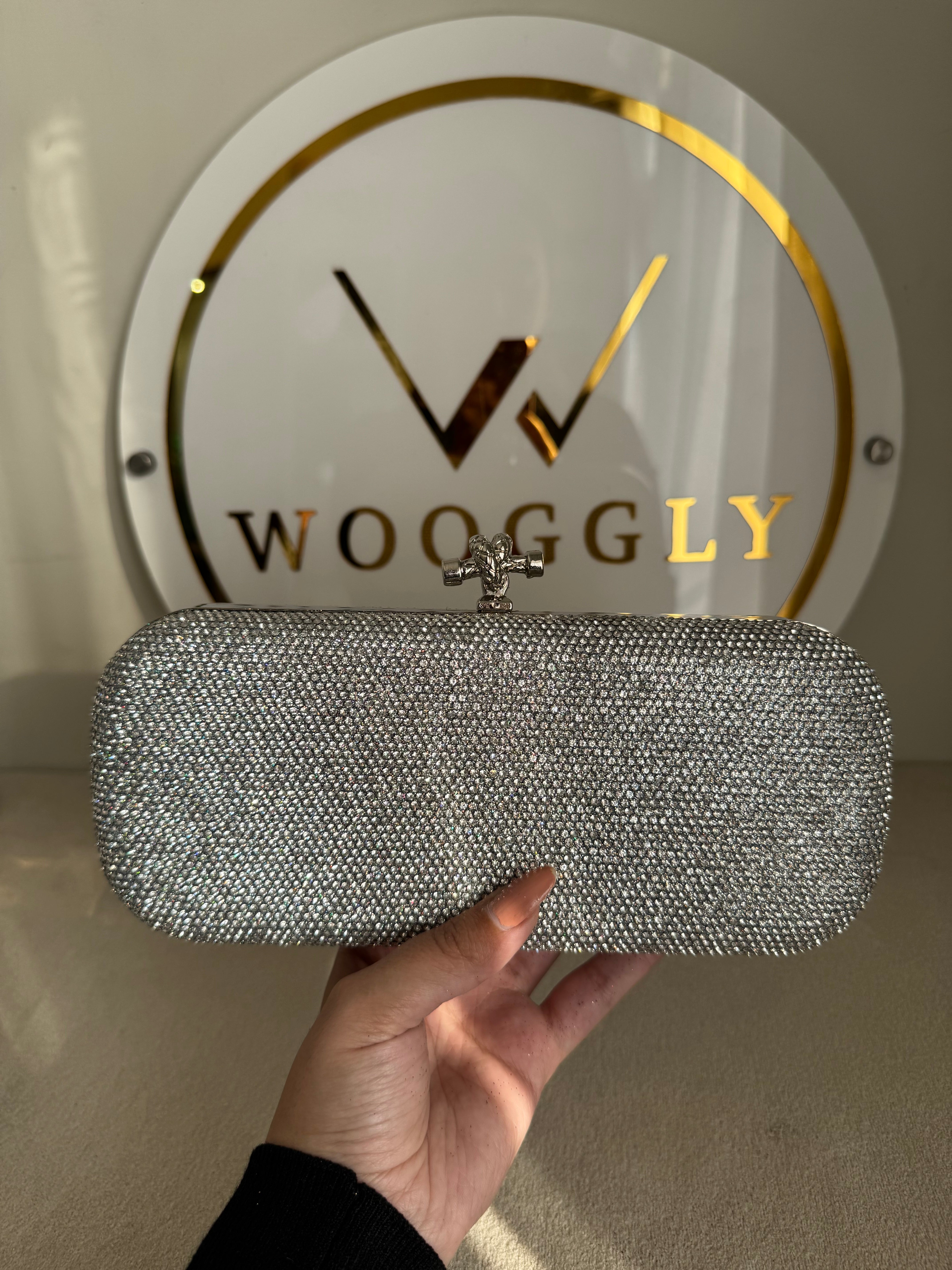 Bottega Shimmer Clutch - Silver with Chain