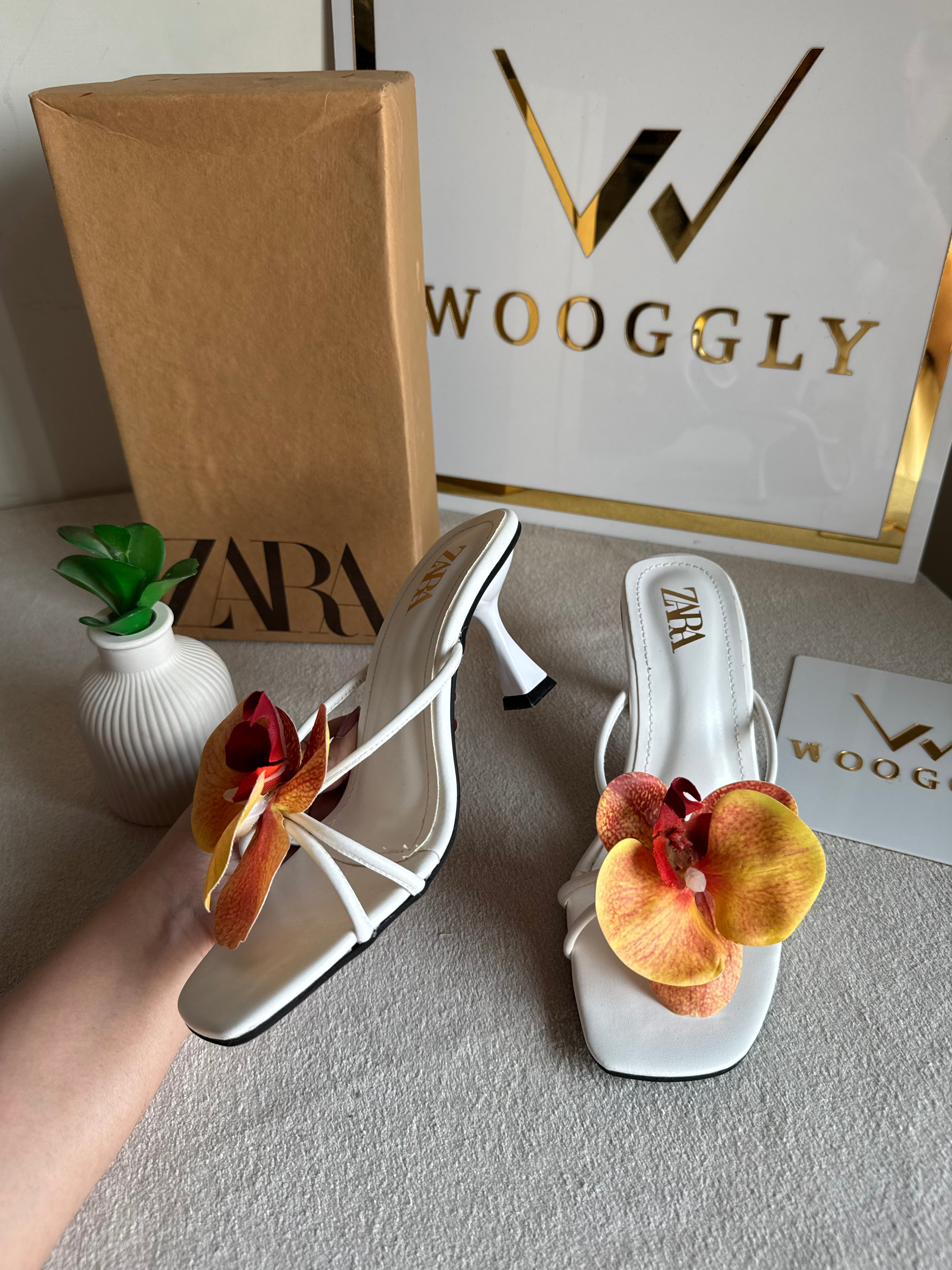 Zara Flower Heels WHITE WITH YELLOW - with Brand Box
