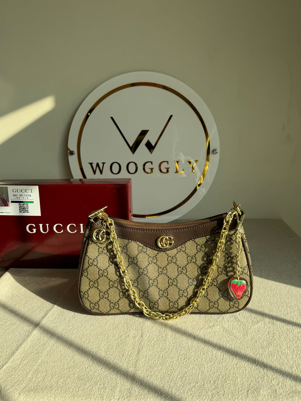 GUCCI Sling with Long Strap & Strawberry Charm - Signature Brown with Box Packing
