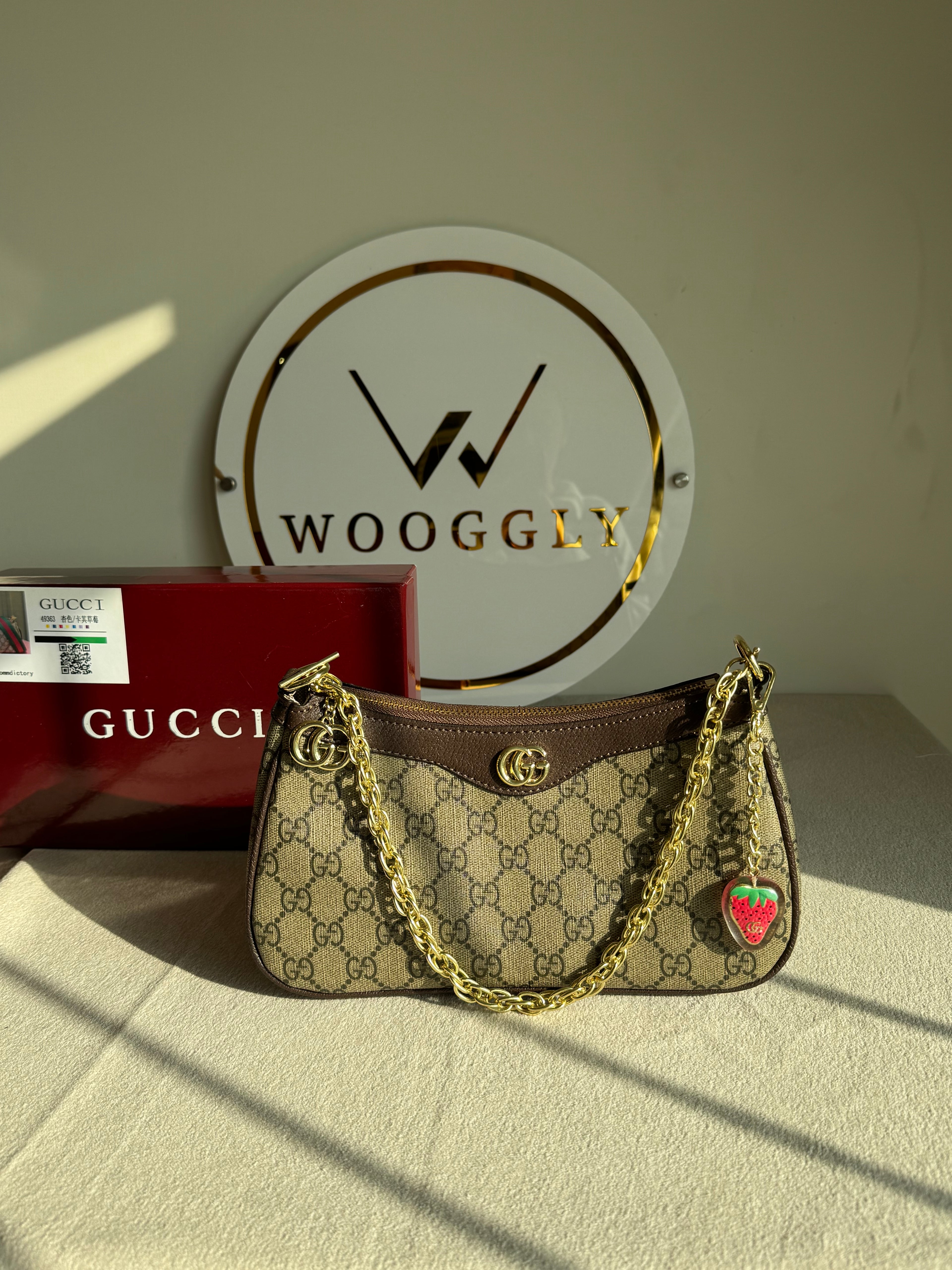 GUCCI Sling with Long Strap & Strawberry Charm - Signature Brown with Box Packing