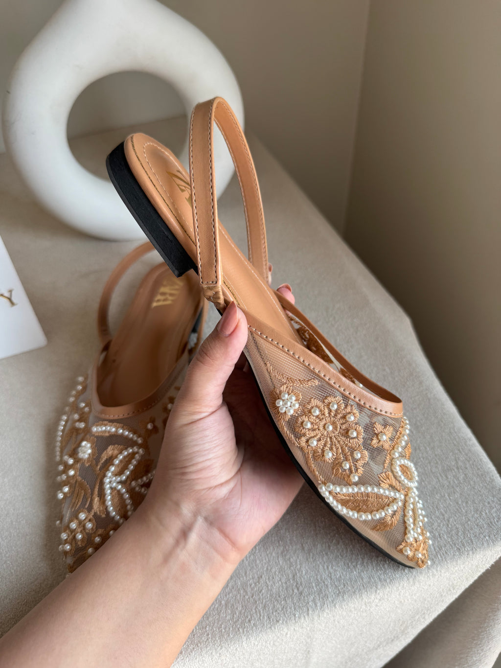 Zara Embroidered Mesh Slingback Flats  - Beige