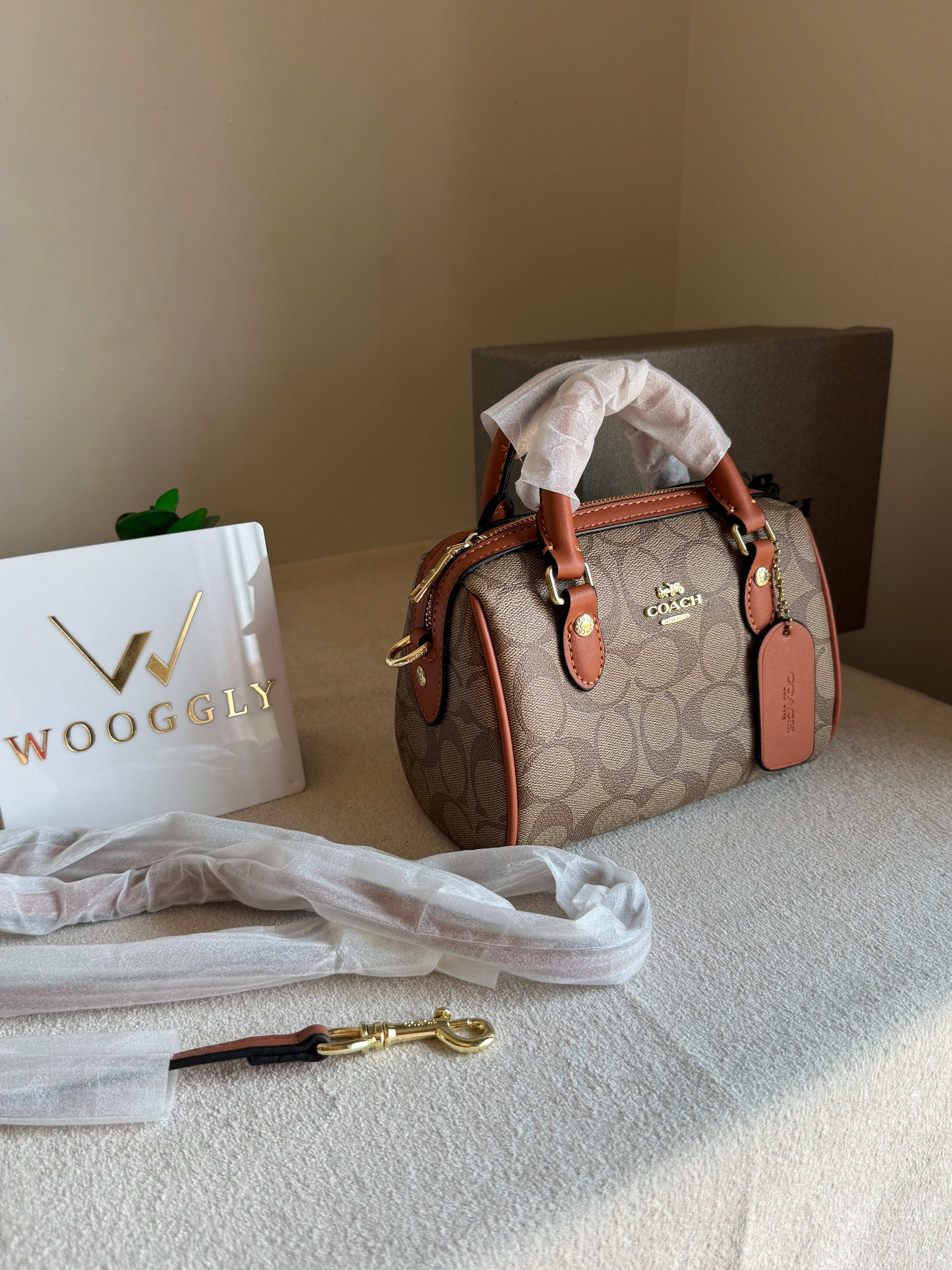 COACH Mini Duffle Bag PREMIUM with Long Strap Apricot Brown - BOX PACKING