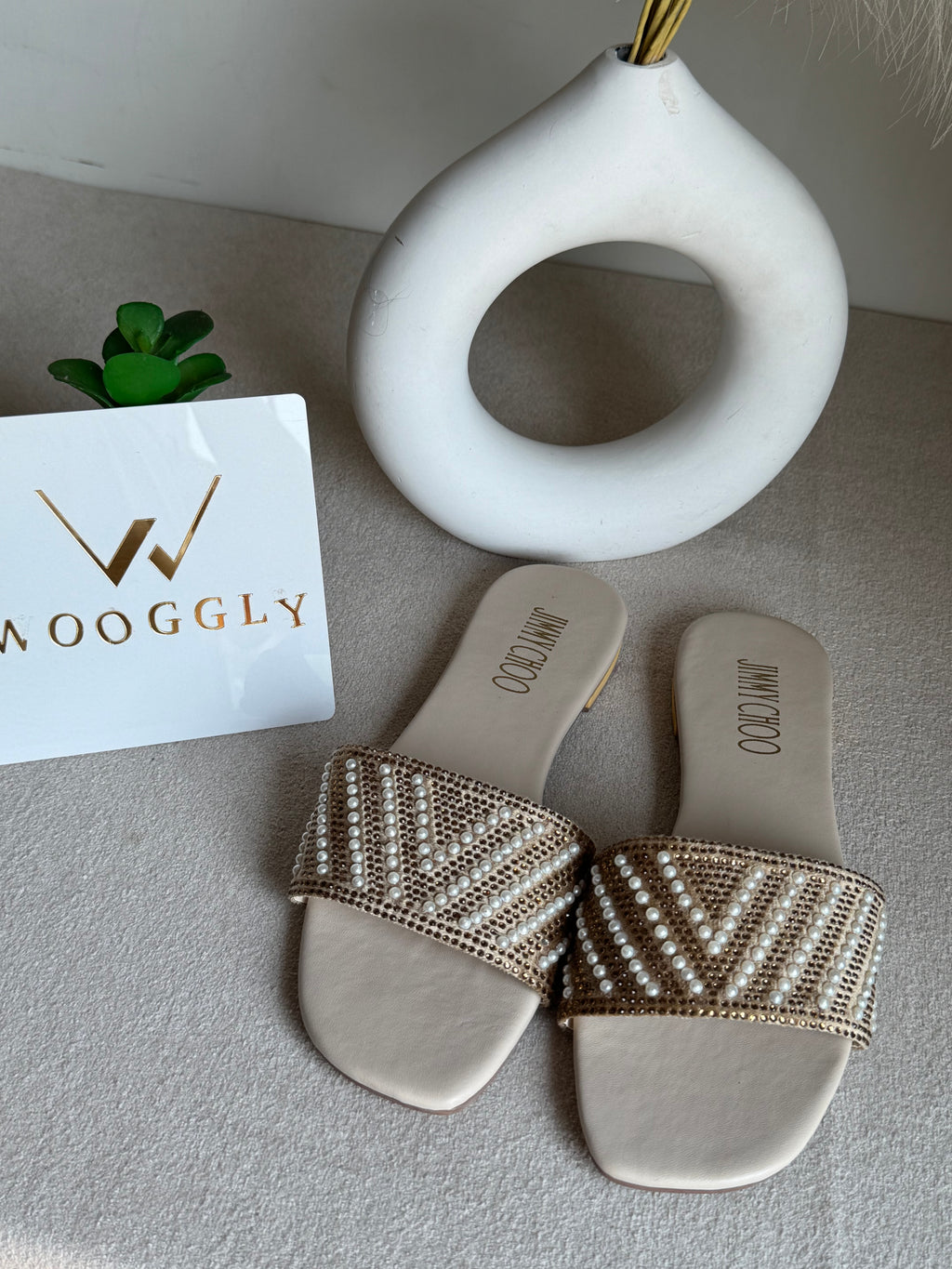 Jimmy Choo Glam Slides Beige with Pearl