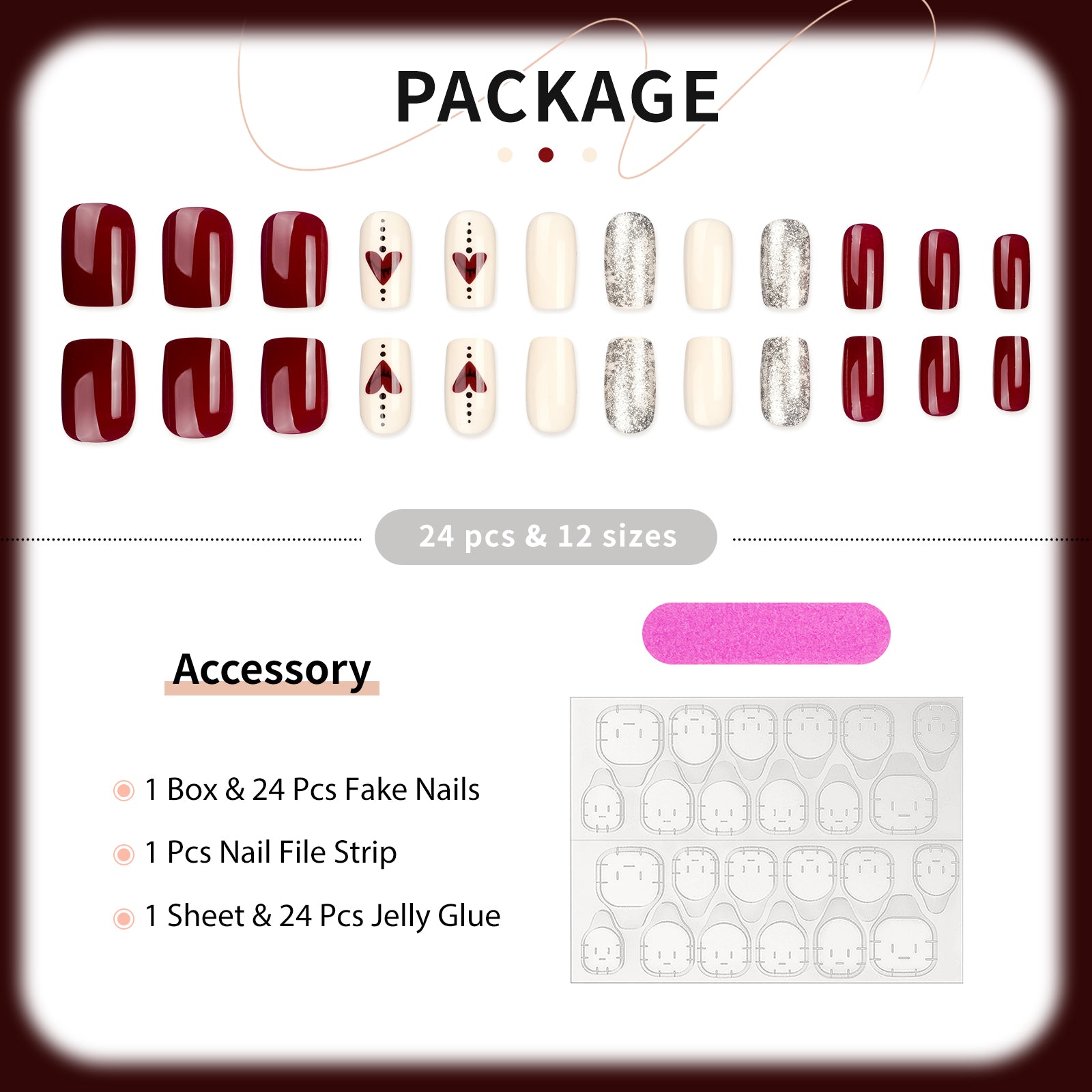 Glamorous Press On Nails - 24 Pieces Complete Kit