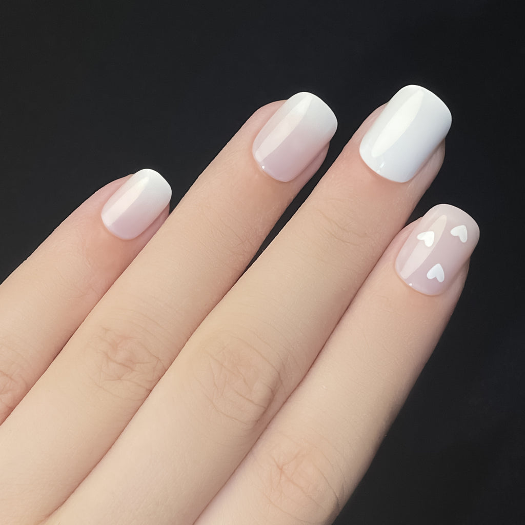 Square White & Pink Press On Nails - 24 Pieces Complete Kit