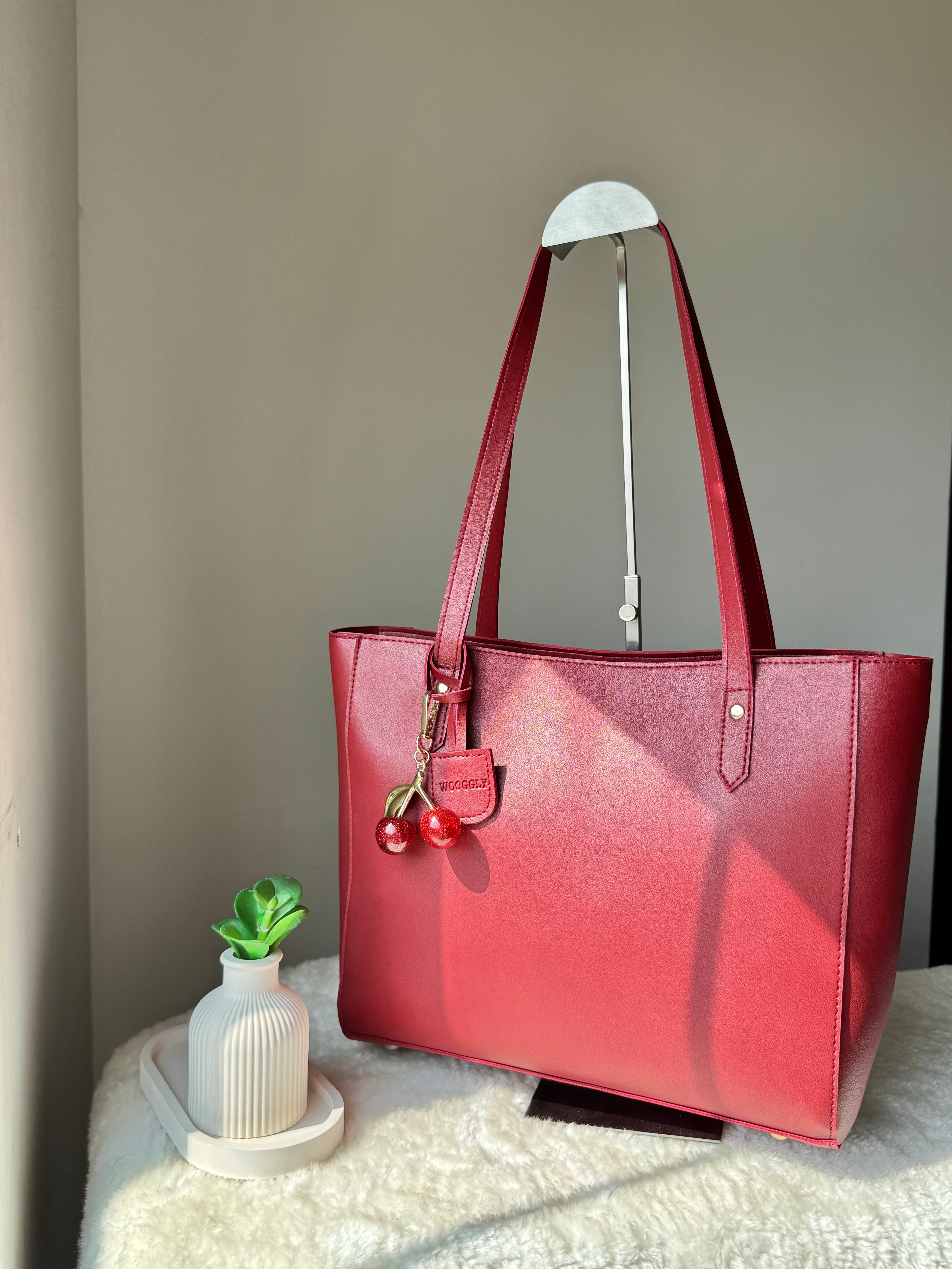 Wooggly Signature Tote Bag with Cherry Charm - Maroon