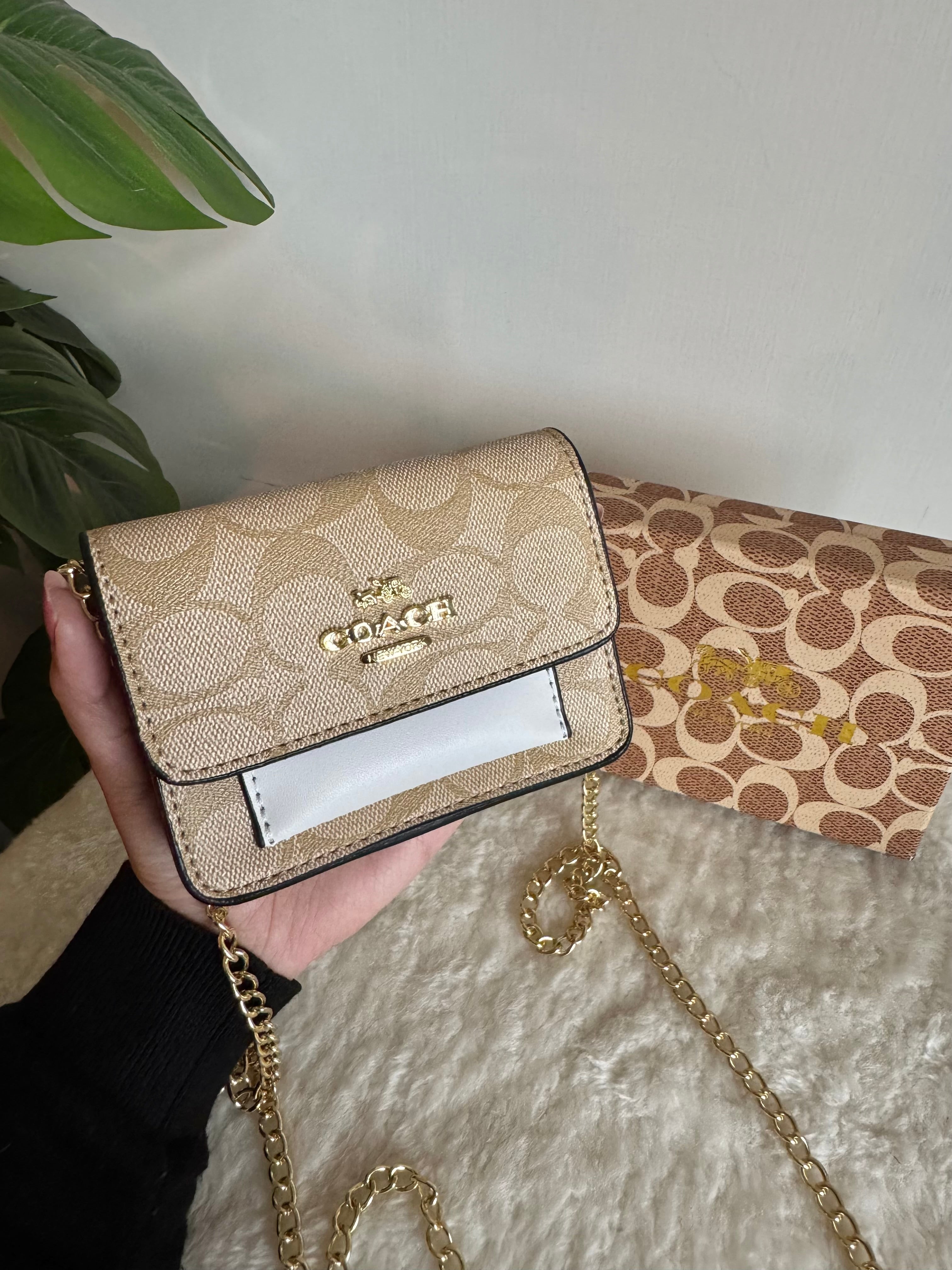 Coach Wallet with Detachable Long Chain - Beige with White