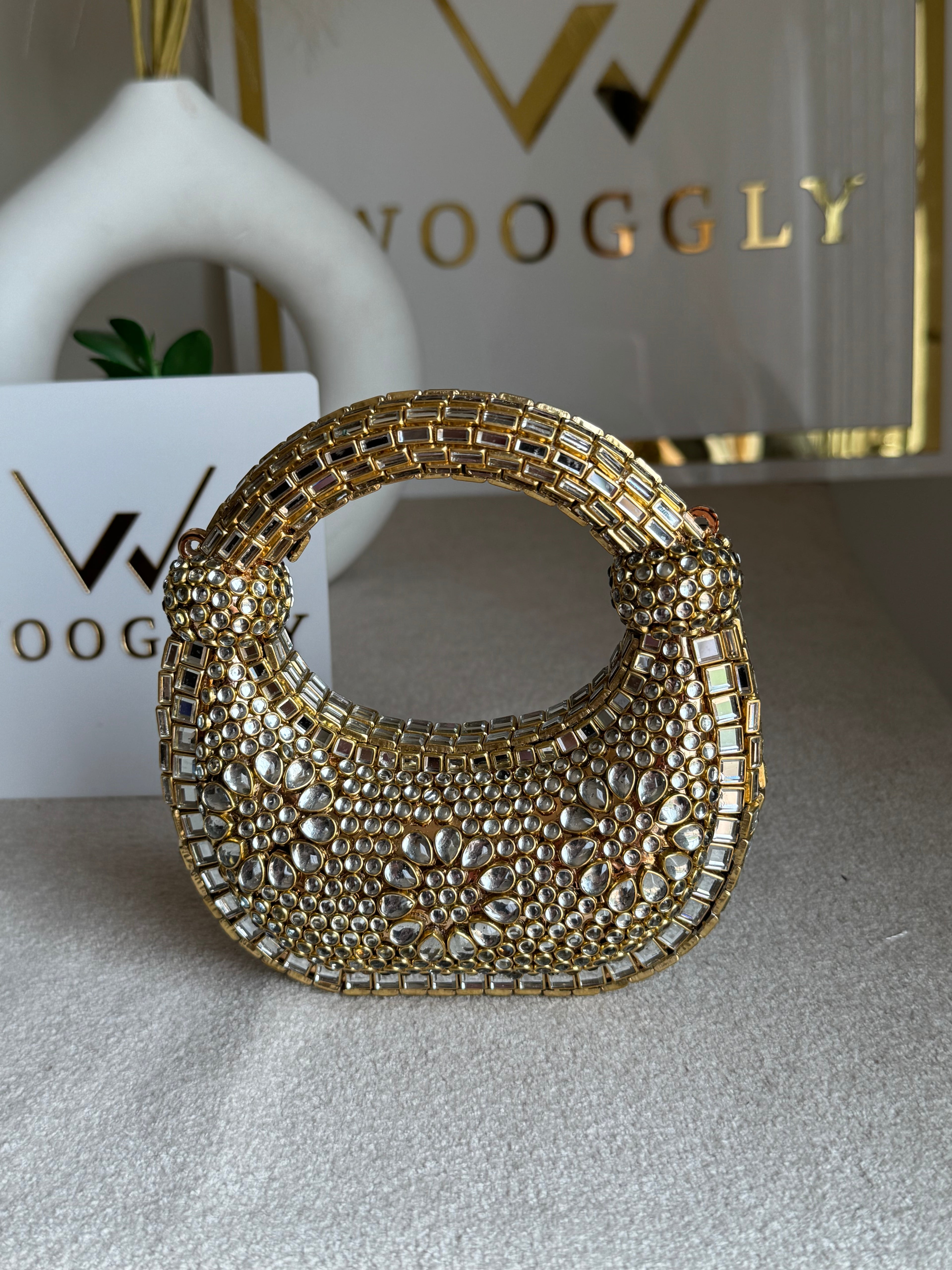 Kundan Classic Moon Clutch DESIGN 2 - Gold with Chain