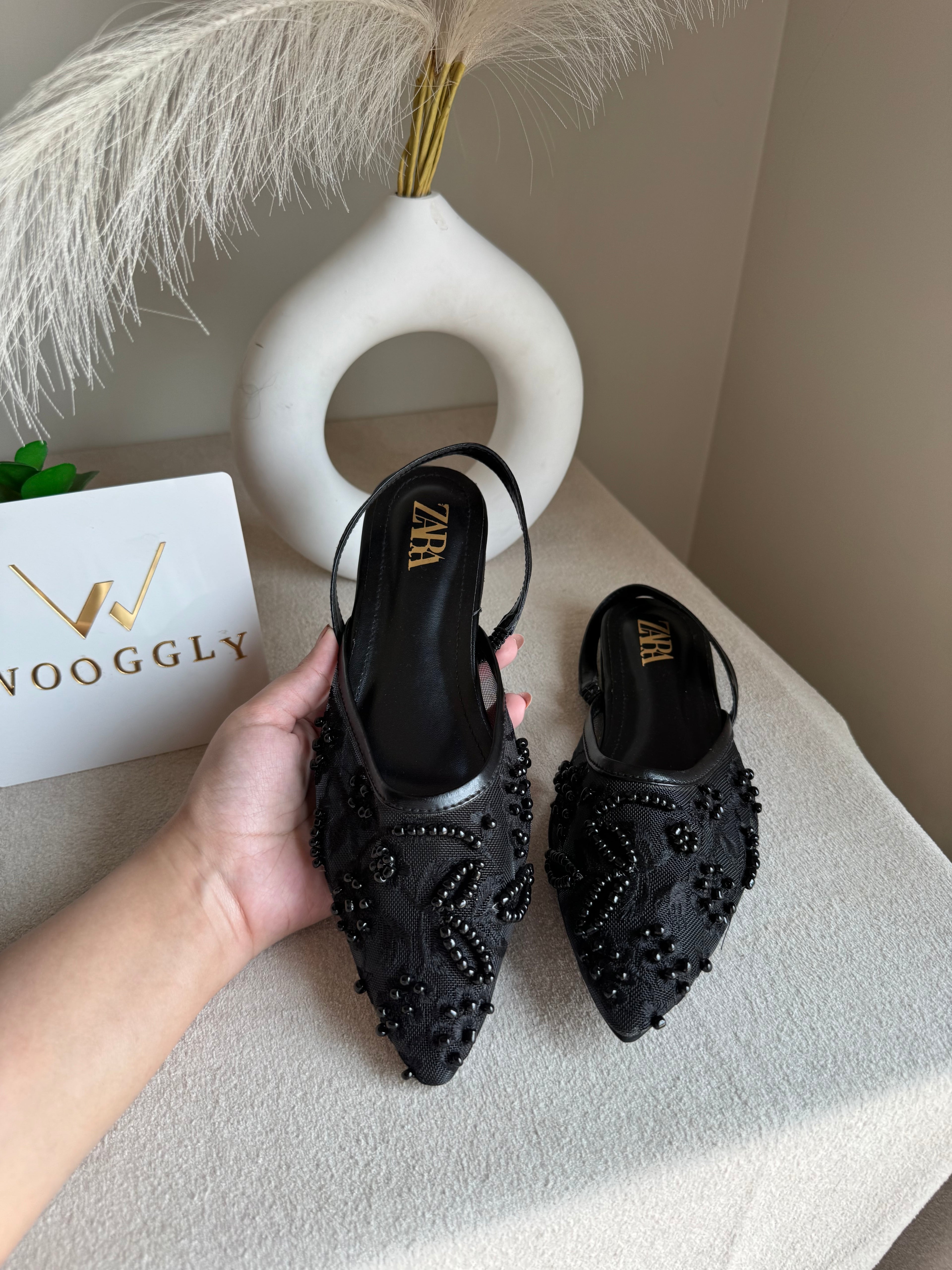 Zara Embroidered Mesh Slingback Flats  - Black