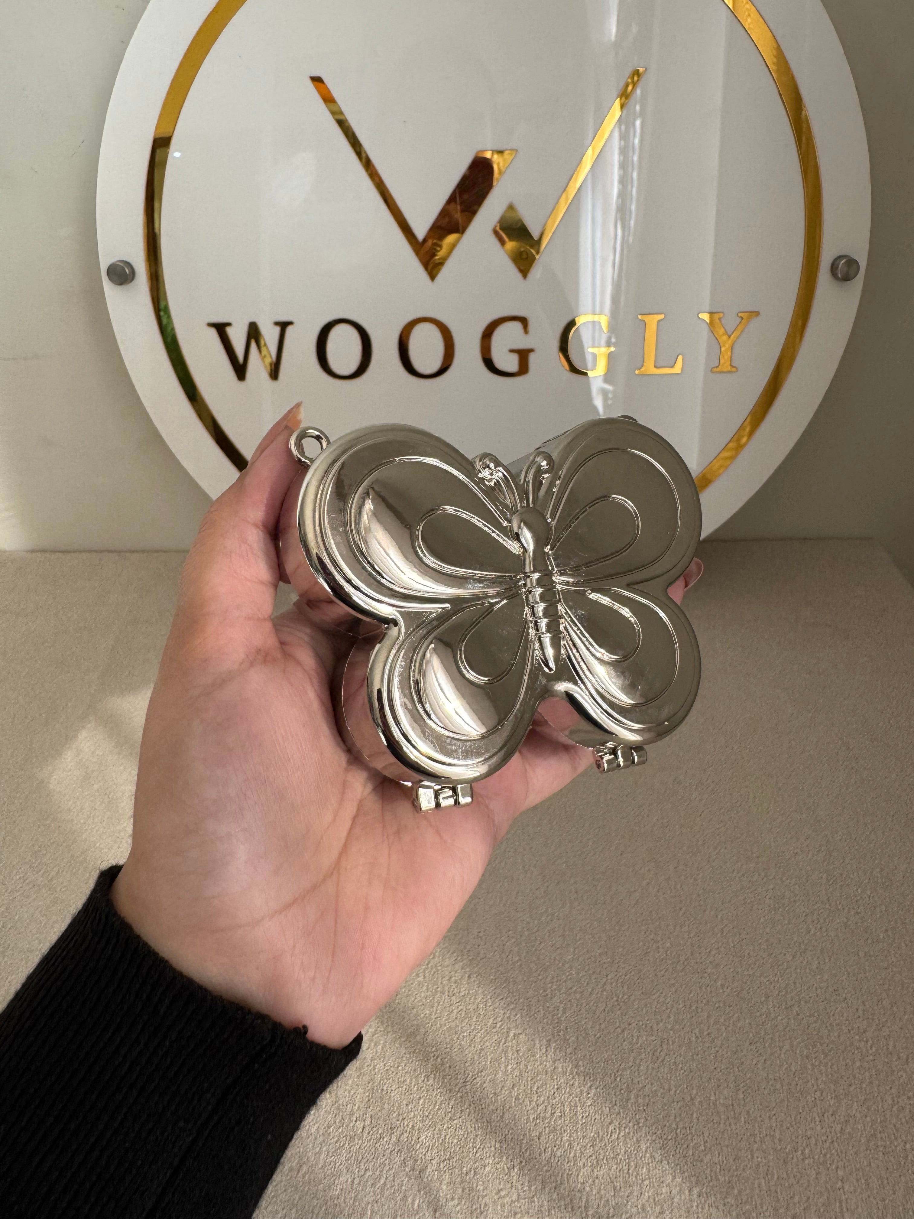 Metallic Butterfly Clutch with Chain - Mini Silver