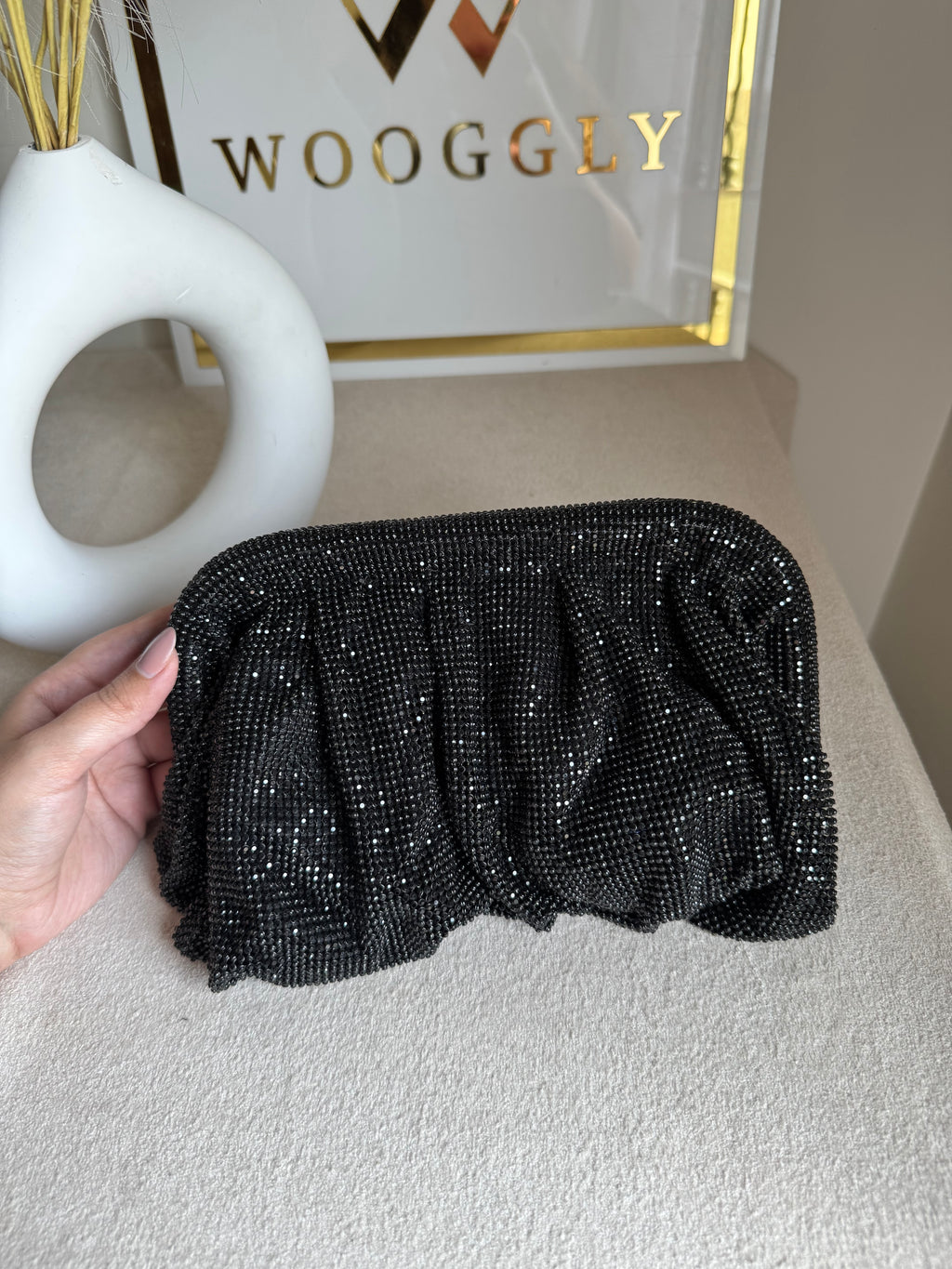 Viral High Quality Rhinestone Clutch with Chain - Black
