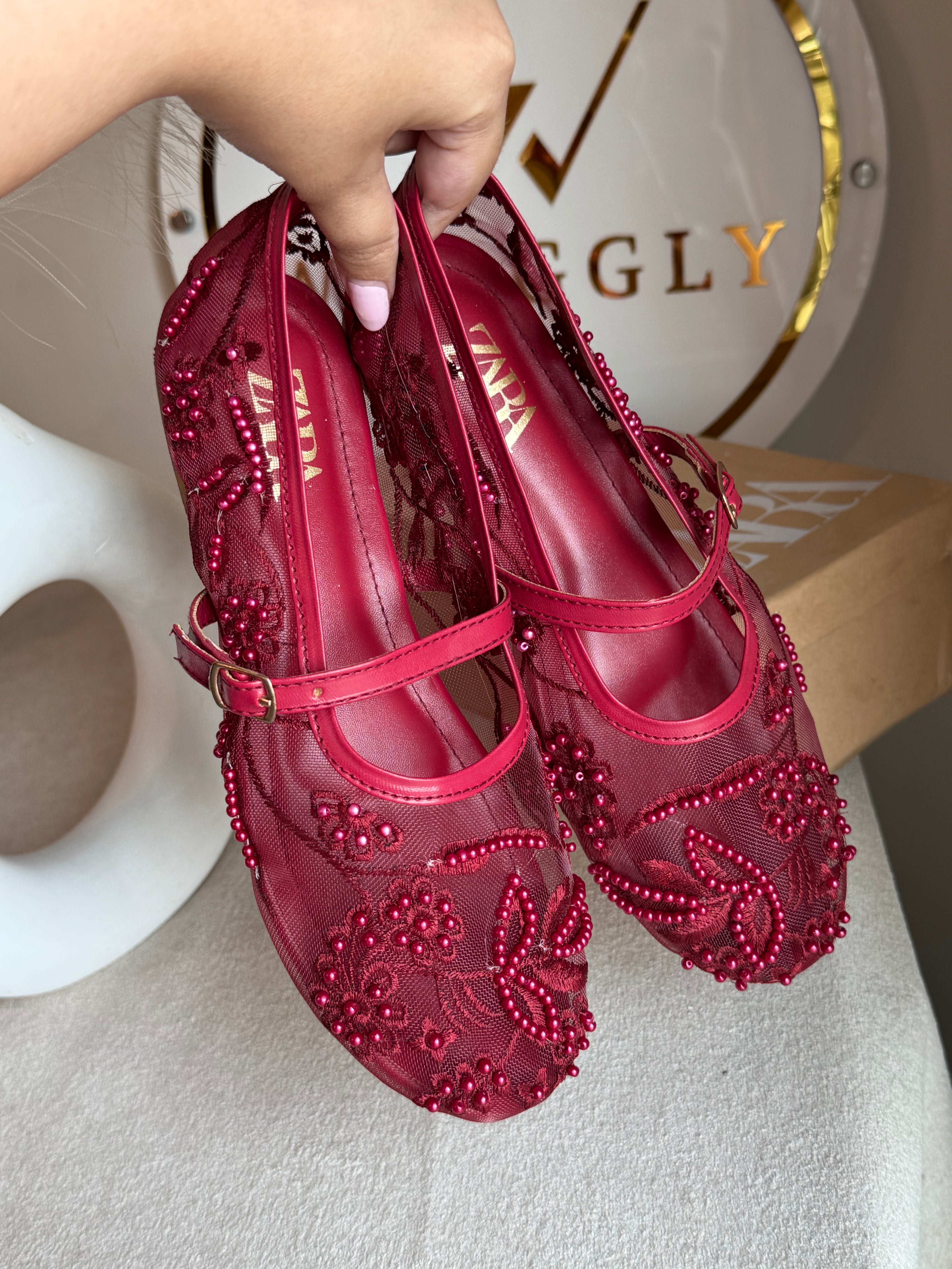 Zara Embroided Net Pumps - Maroon