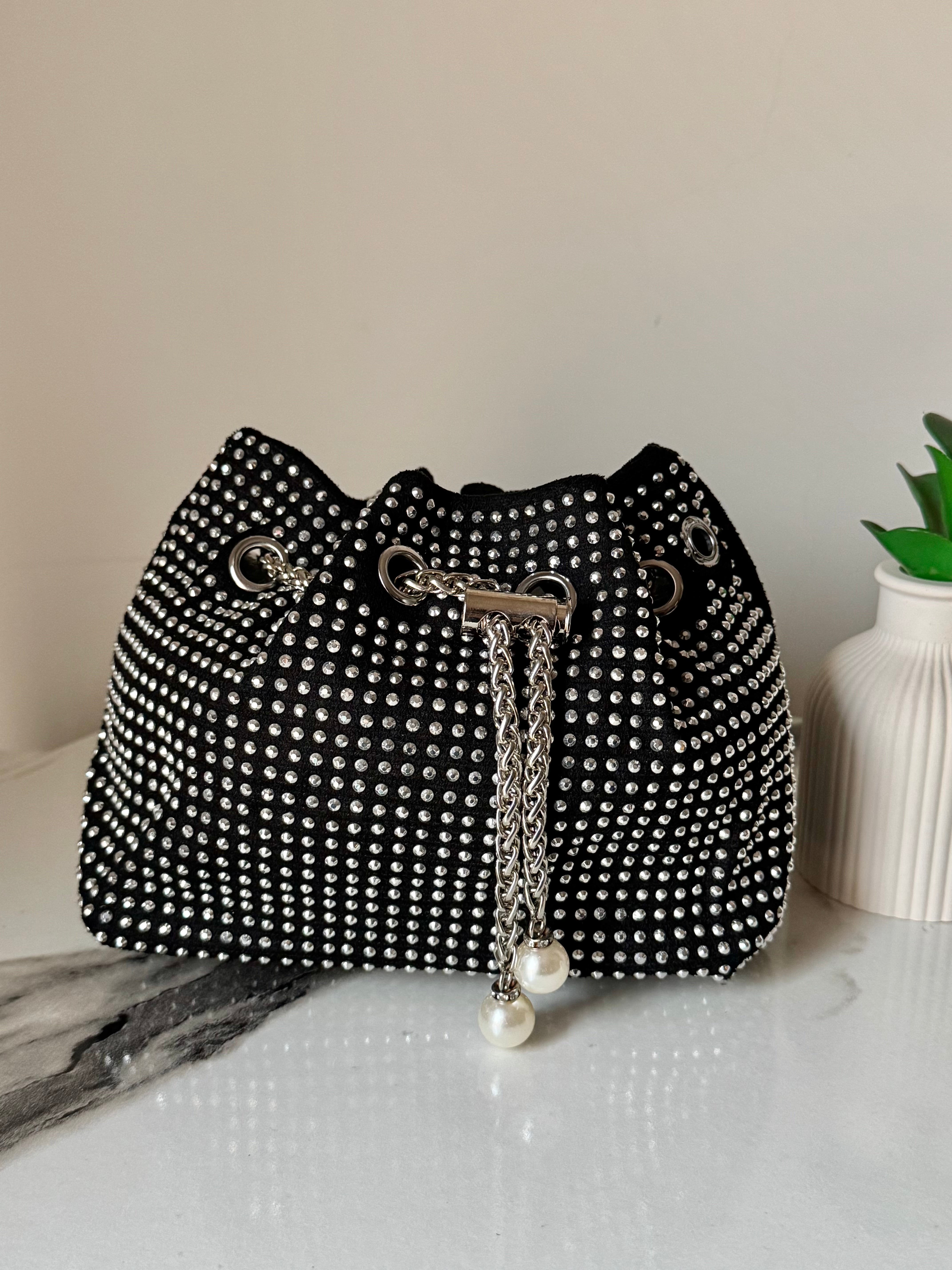 Mira Rhinestone Pouch with Long Chain (Silver & Black)