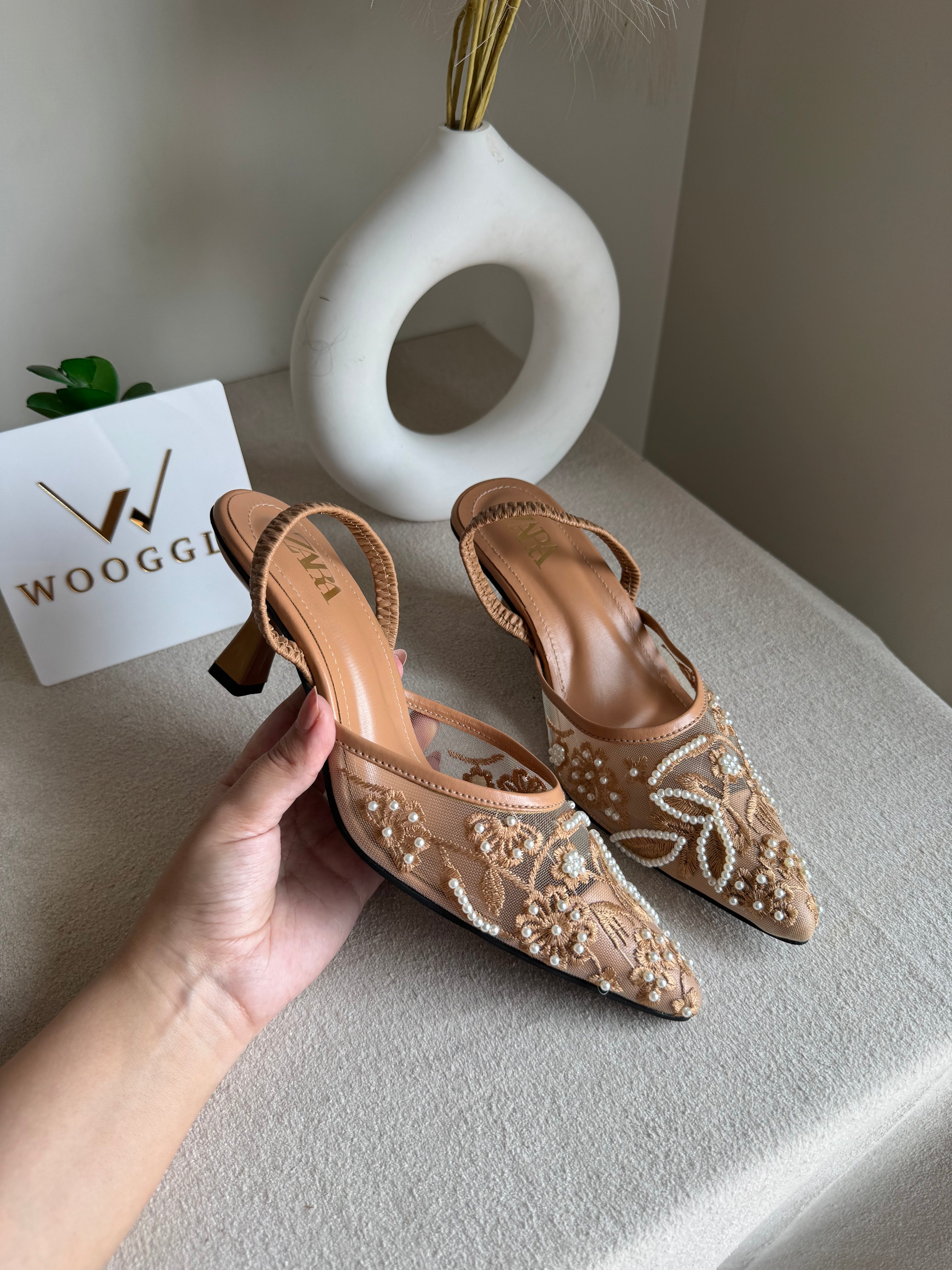 Zara Embroidered Net Heels - Beige