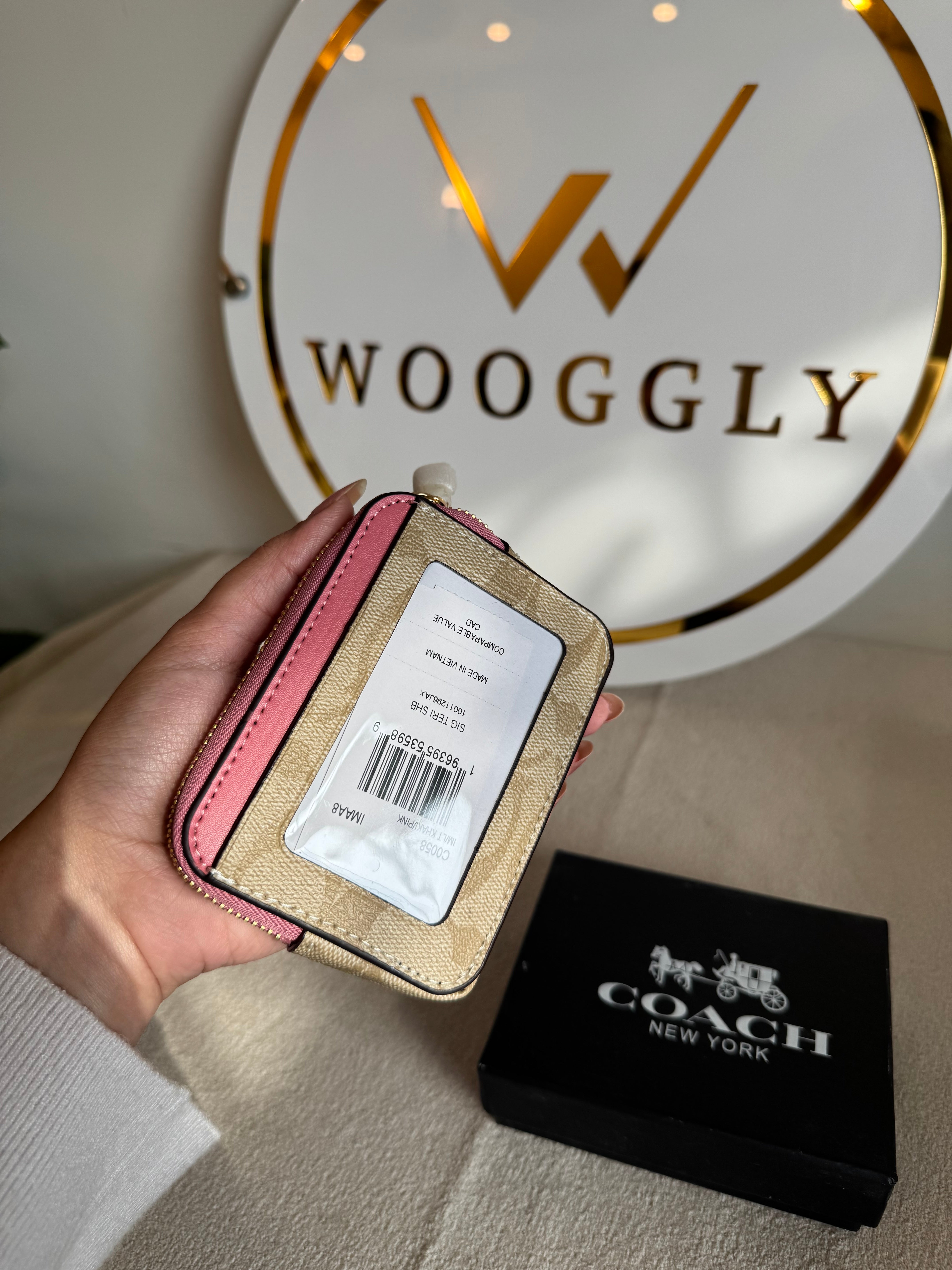 Coach Zip Card Case with Box Packing - Apricot Beige with Pink