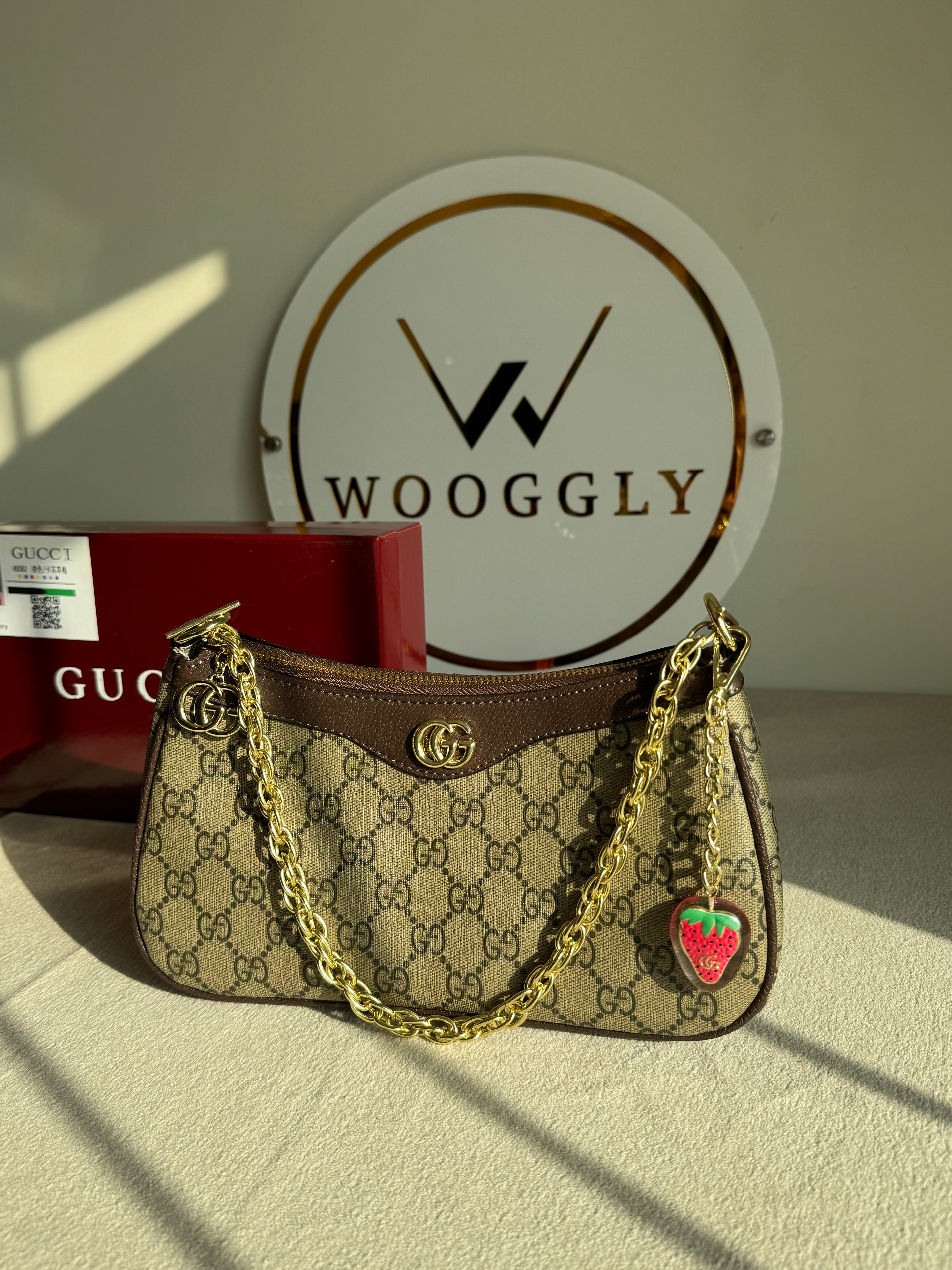 GUCCI Sling with Long Strap & Strawberry Charm - Signature Brown with Box Packing