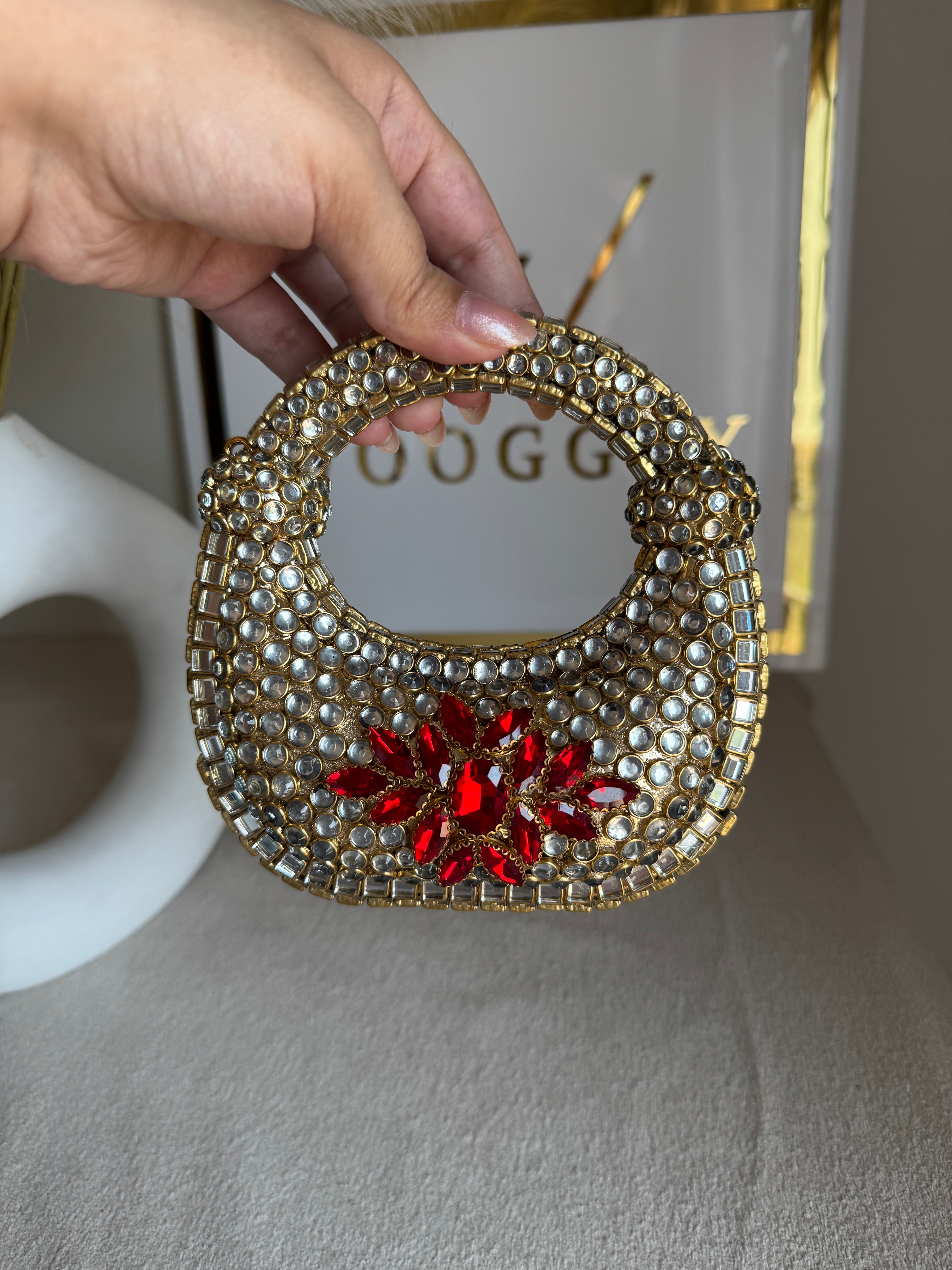Kundan Classic Moon Clutch with Red Stone Embellishment