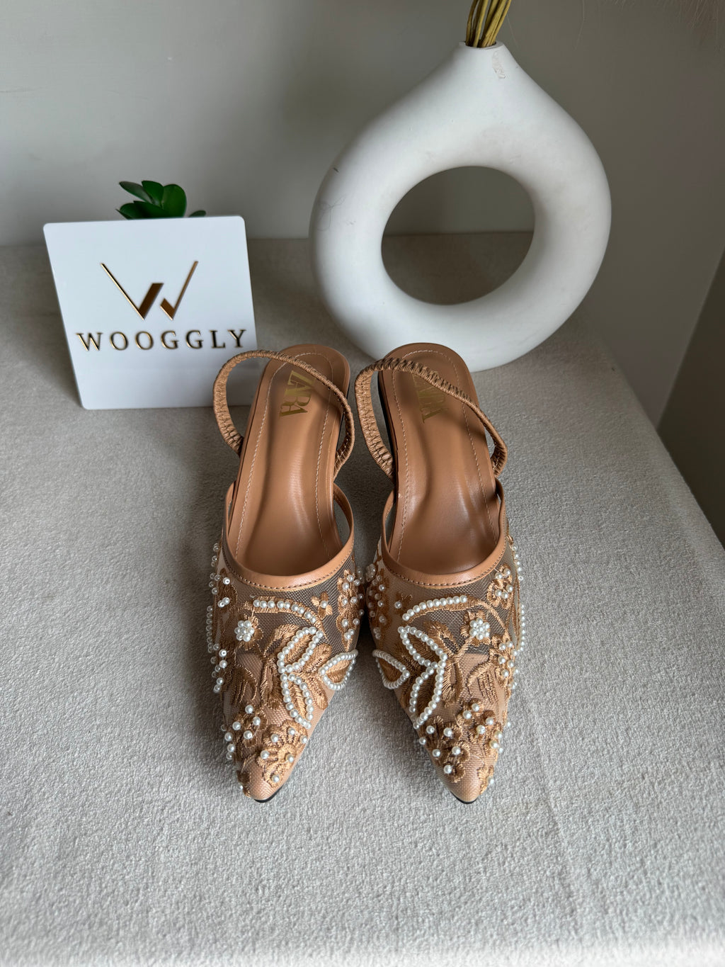 Zara Embroidered Net Heels - Beige