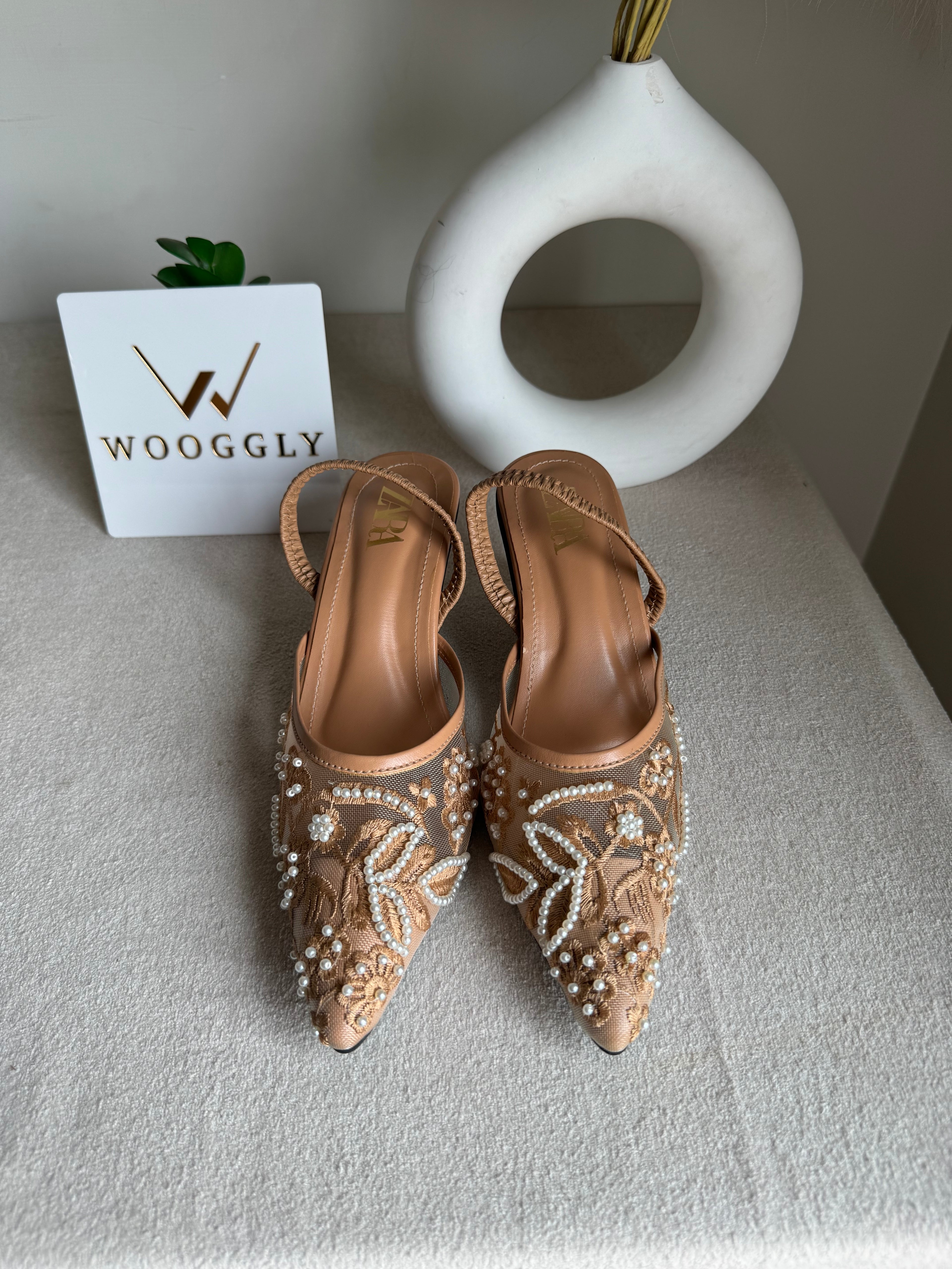 Zara Embroidered Net Heels - Beige