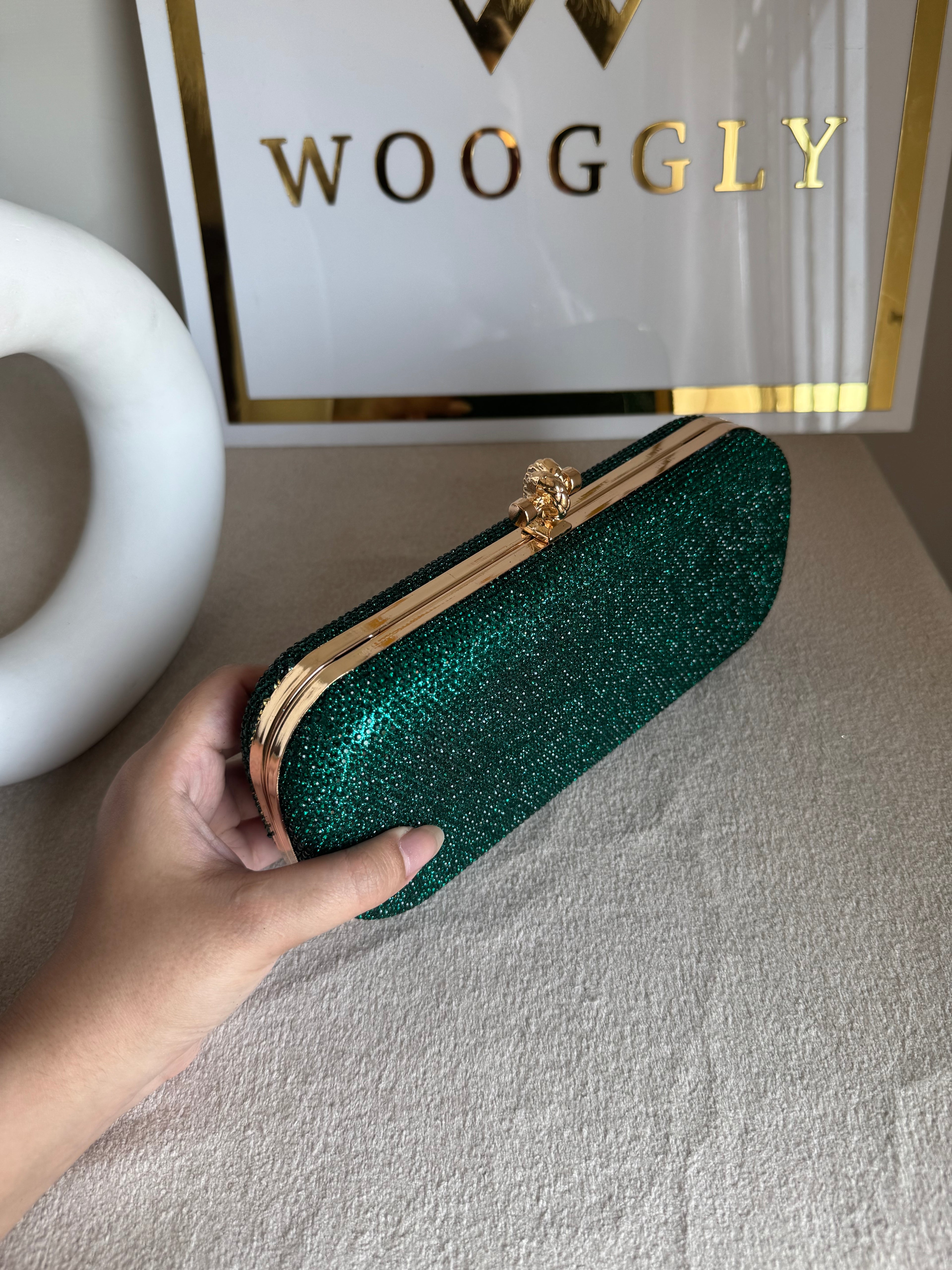 Bottega Shimmer Clutch - Green with Chain